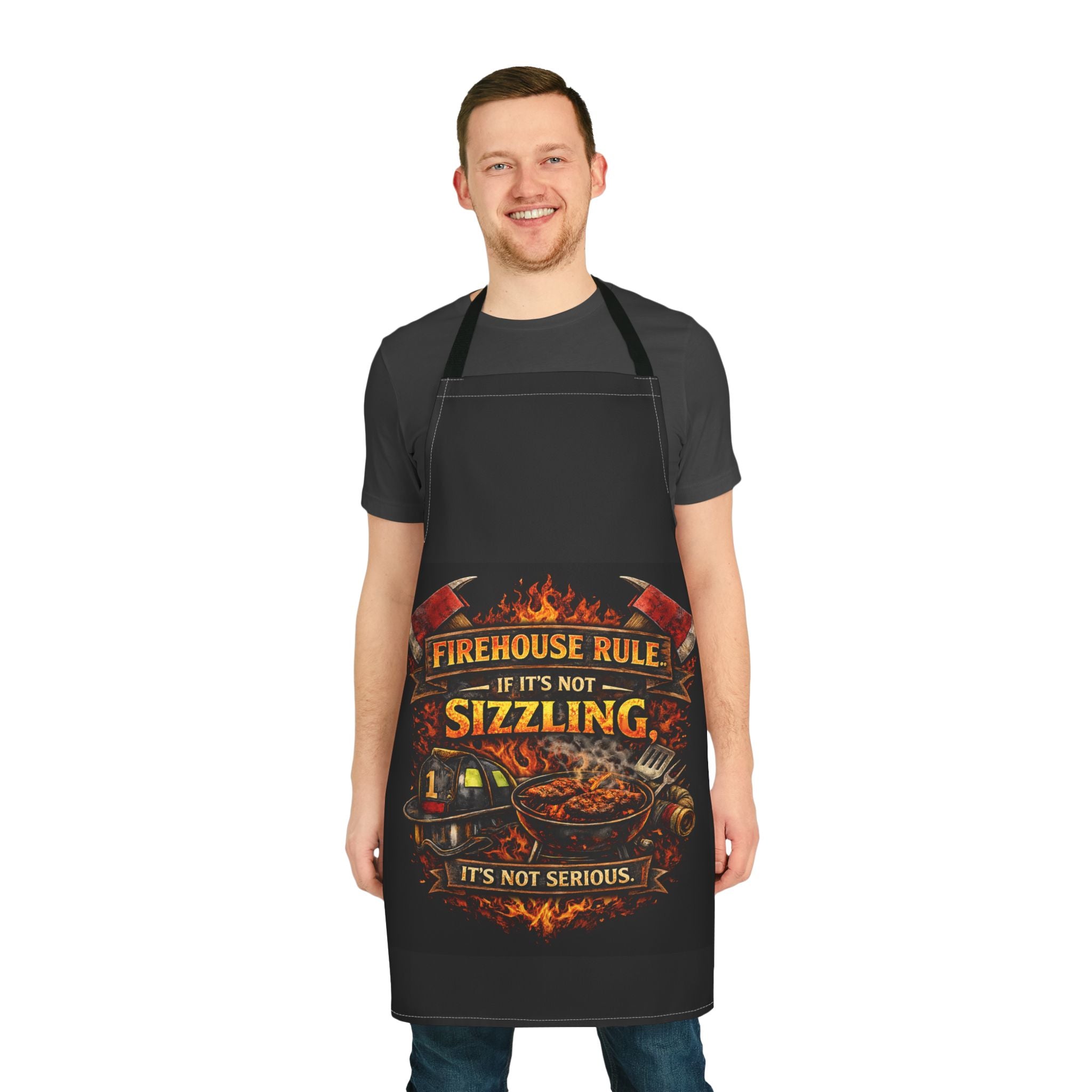 Firehouse Rule Sizzling Apron — Firefighter Grill BBQ Chef Gift