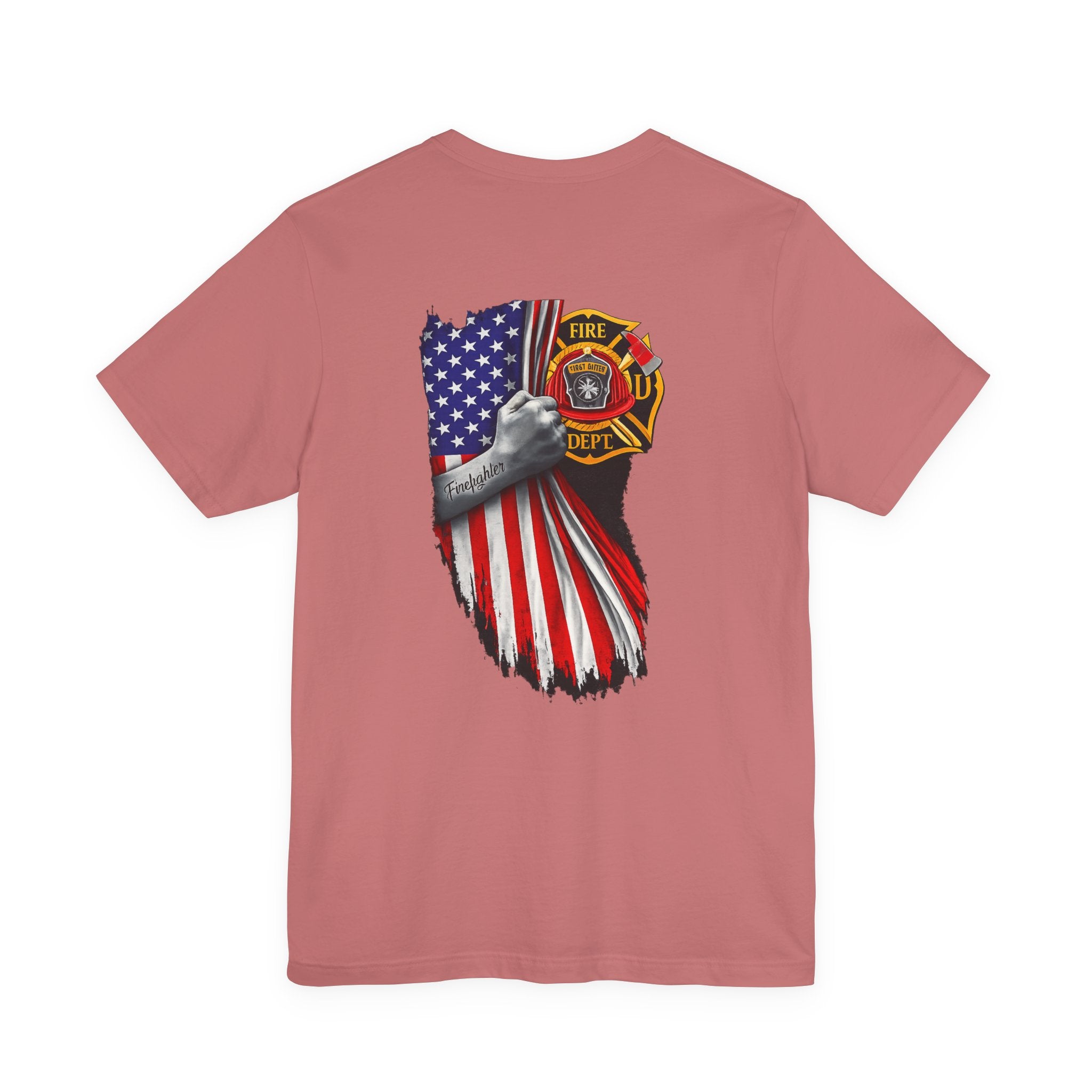 Firefighter Flag T-Shirt — American Flag & Maltese Cross Back Tee