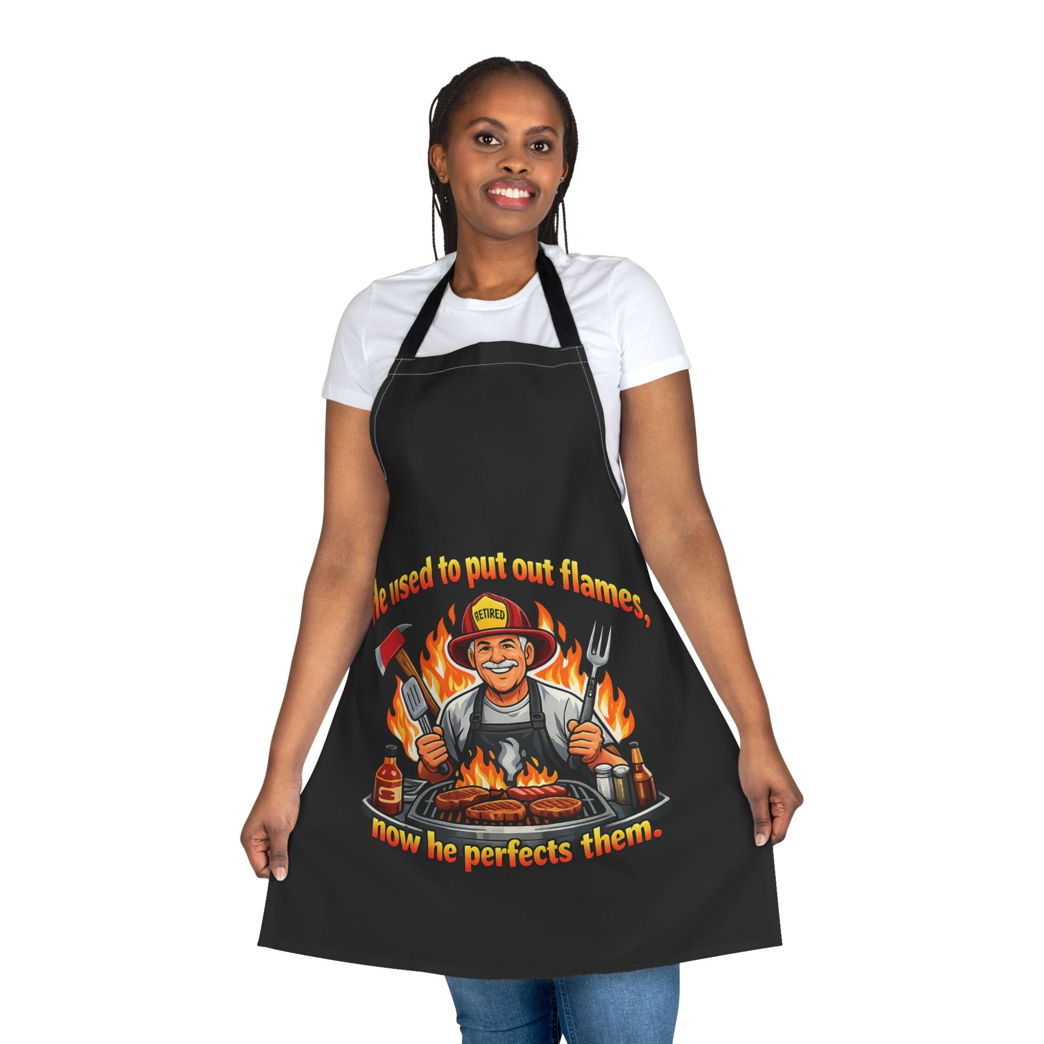 Firefighter Dad BBQ Apron — "He used to put out flames, now he perfects them" Grilling Apron