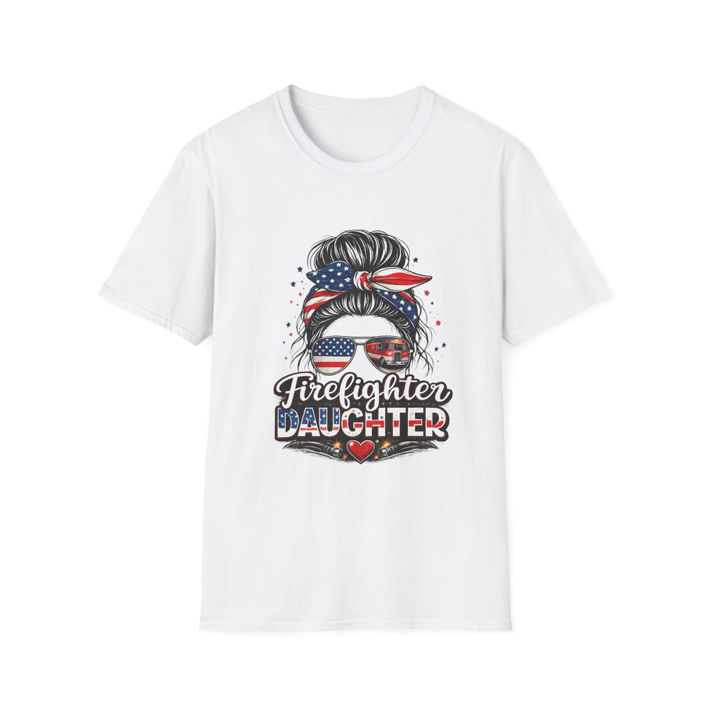 Firefighter Daughter T-Shirt — Patriotic Messy Bun Sunglasses Design
