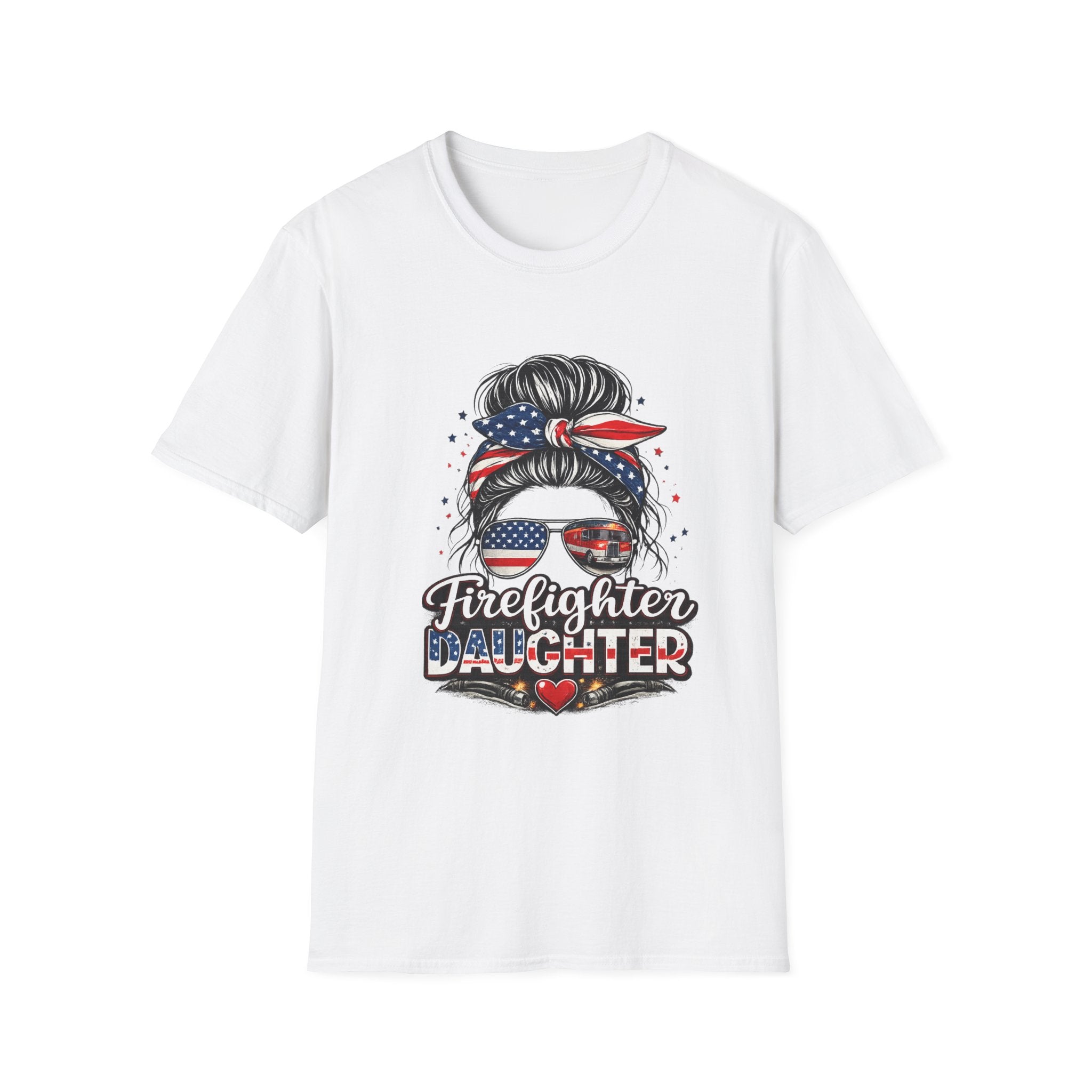 Firefighter Daughter T-Shirt — Patriotic Messy Bun Sunglasses Design
