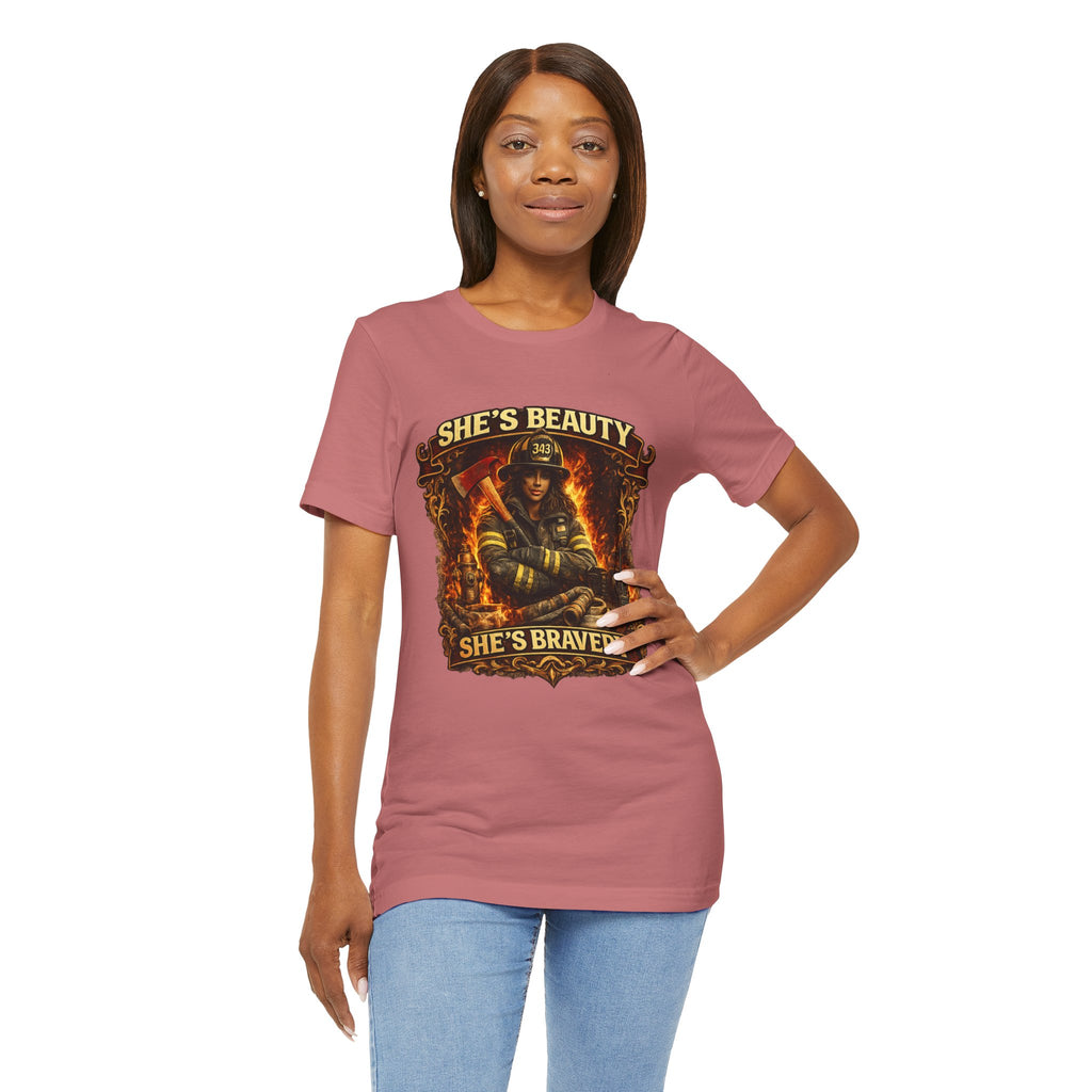 Firefighter Woman Tee - "She's Beauty, She's Bravery" Graphic T-Shirt