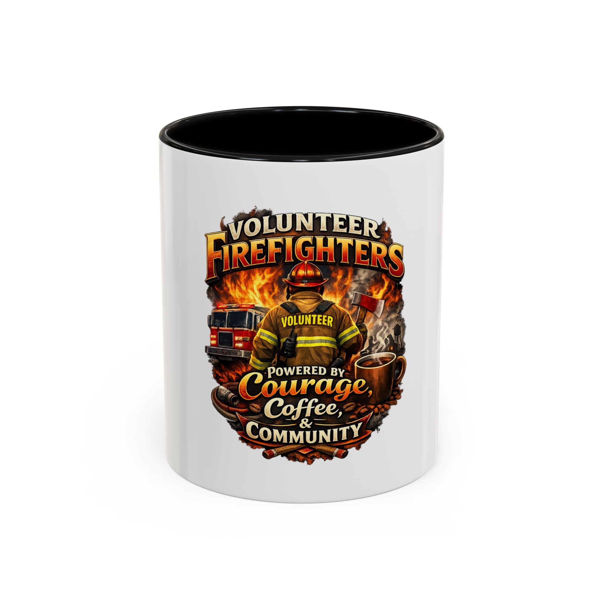 Volunteer Firefighter Coffee Mug — "Powered by Courage, Coffee & Community"