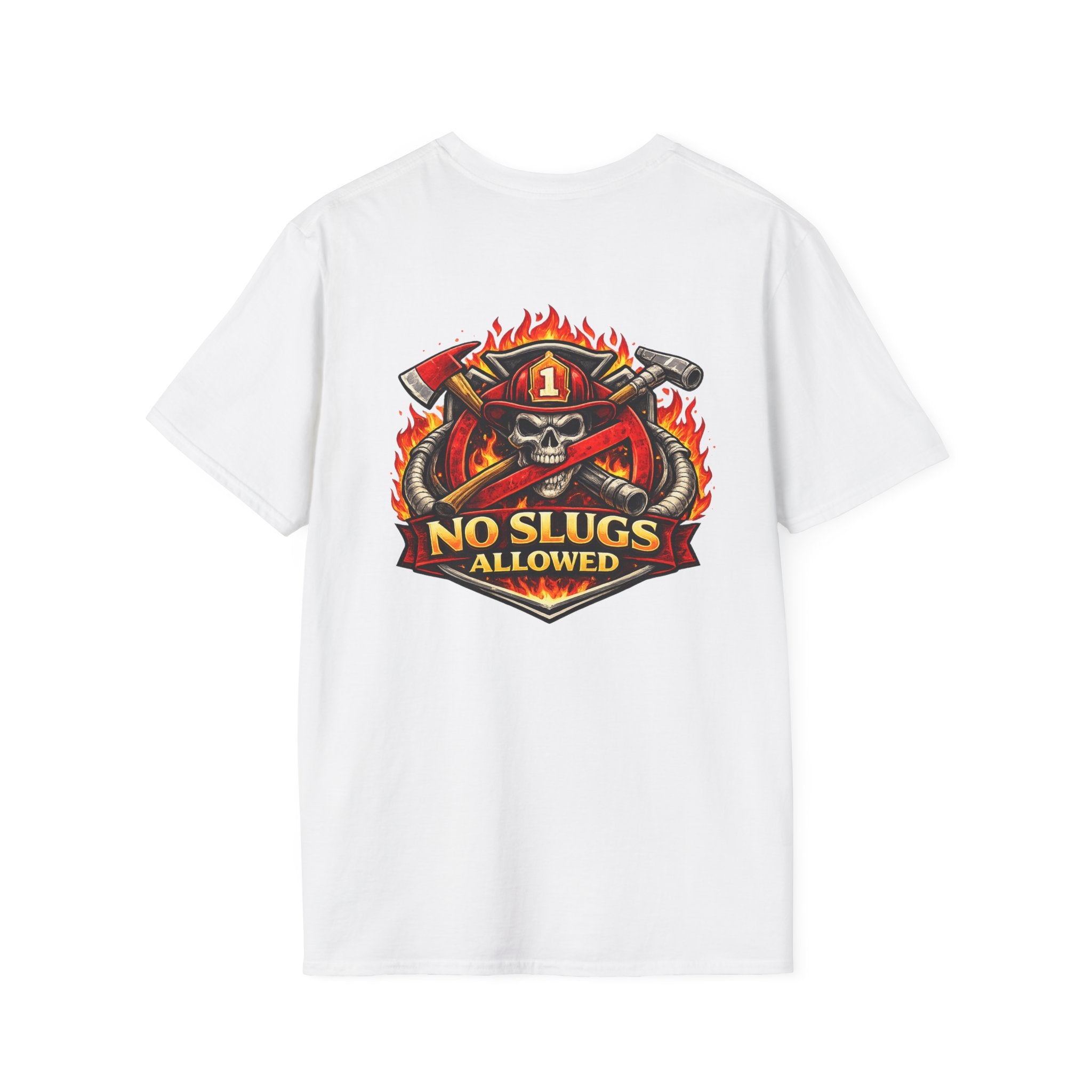 Firefighter Skull T-Shirt — "No Slugs Allowed" Graphic Tee
