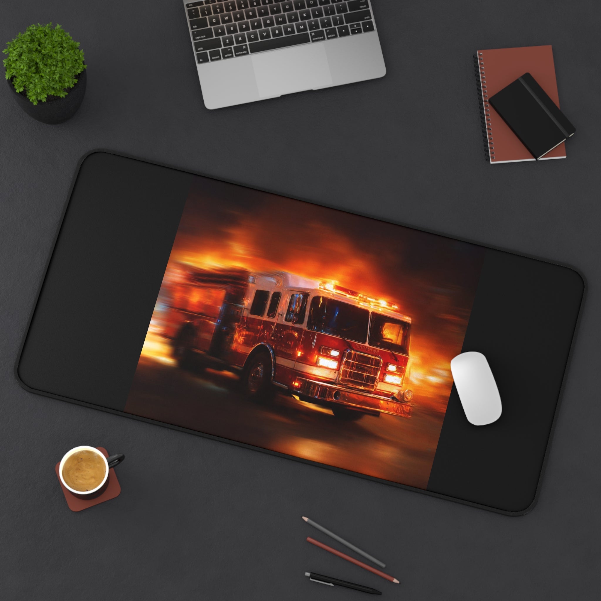 Firefighter Fire Engine Desk Mat — Emergency Truck Gaming Mouse Pad