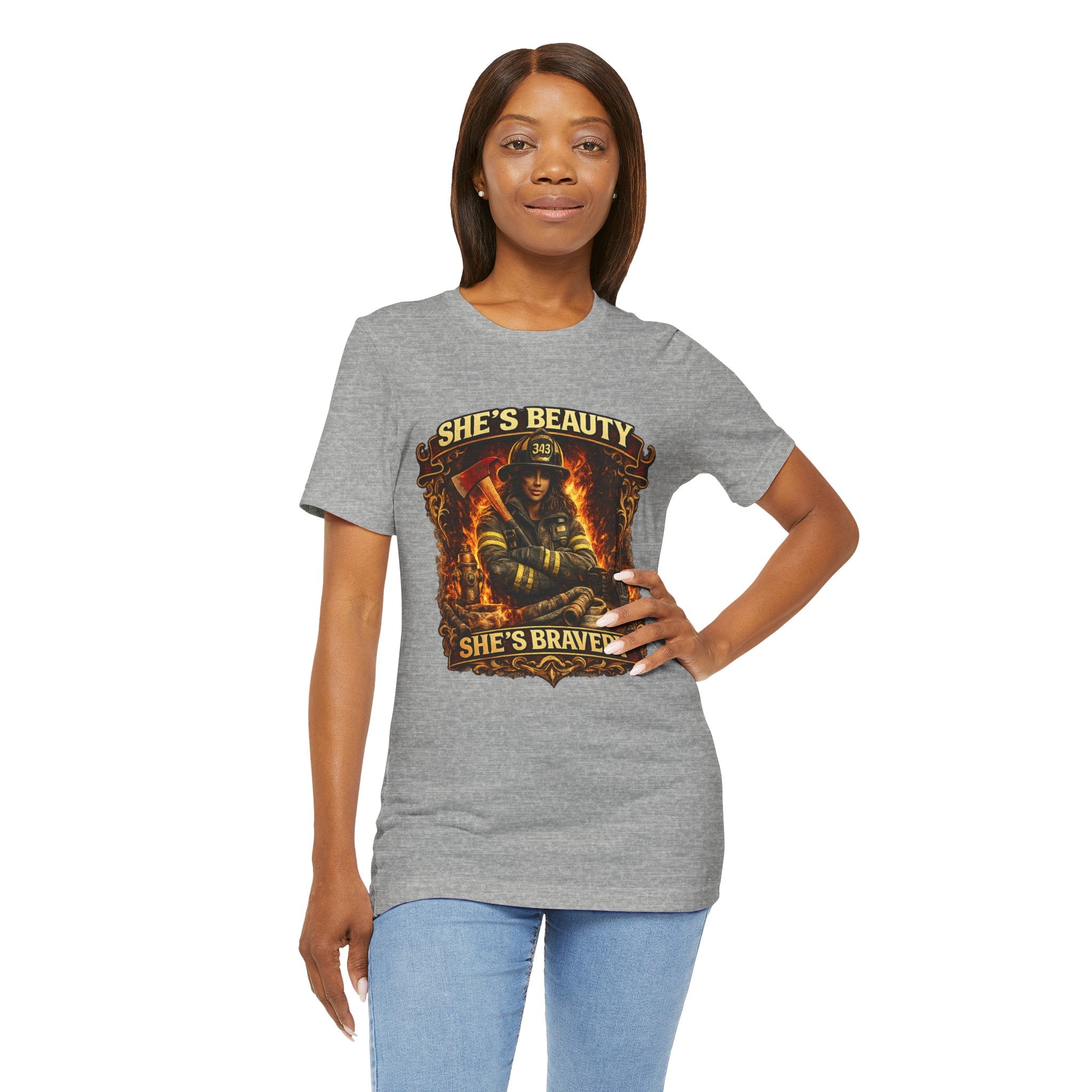 Firefighter Woman Tee - "She's Beauty, She's Bravery" Graphic T-Shirt