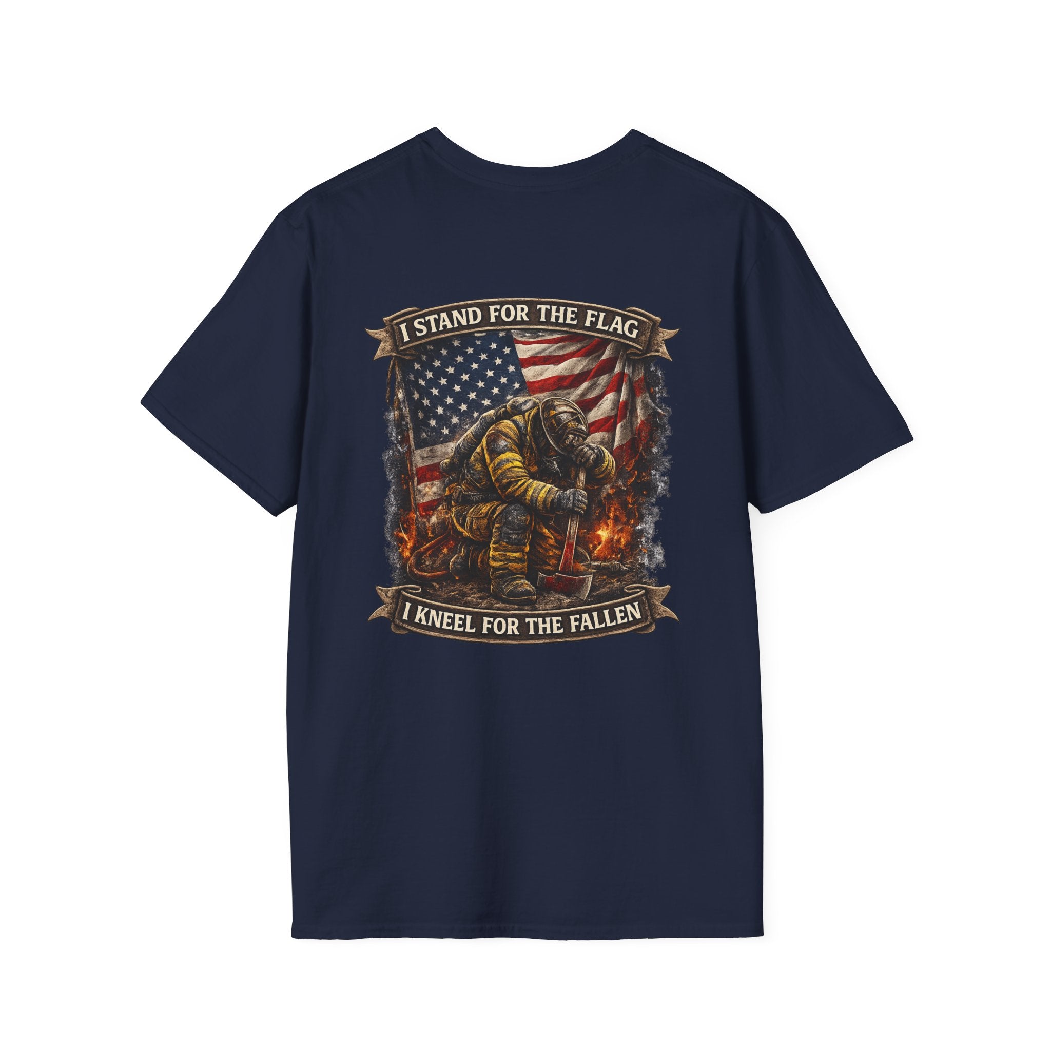Patriotic Firefighter T-Shirt — "I Stand for the Flag, I Kneel for the Fallen"