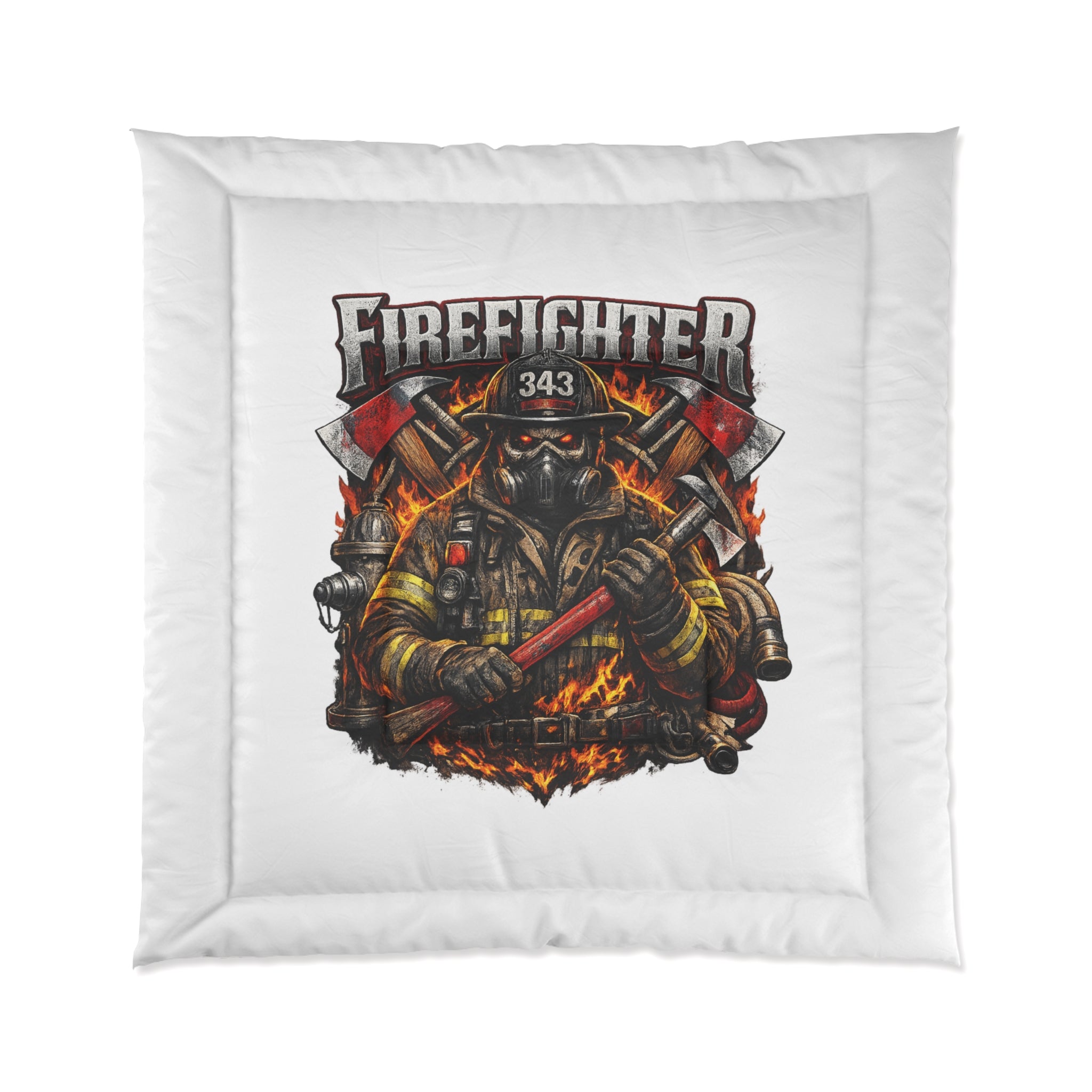 Firefighter Comforter – Brave Firefighter Helmet & Flames Bedding (Number 343)