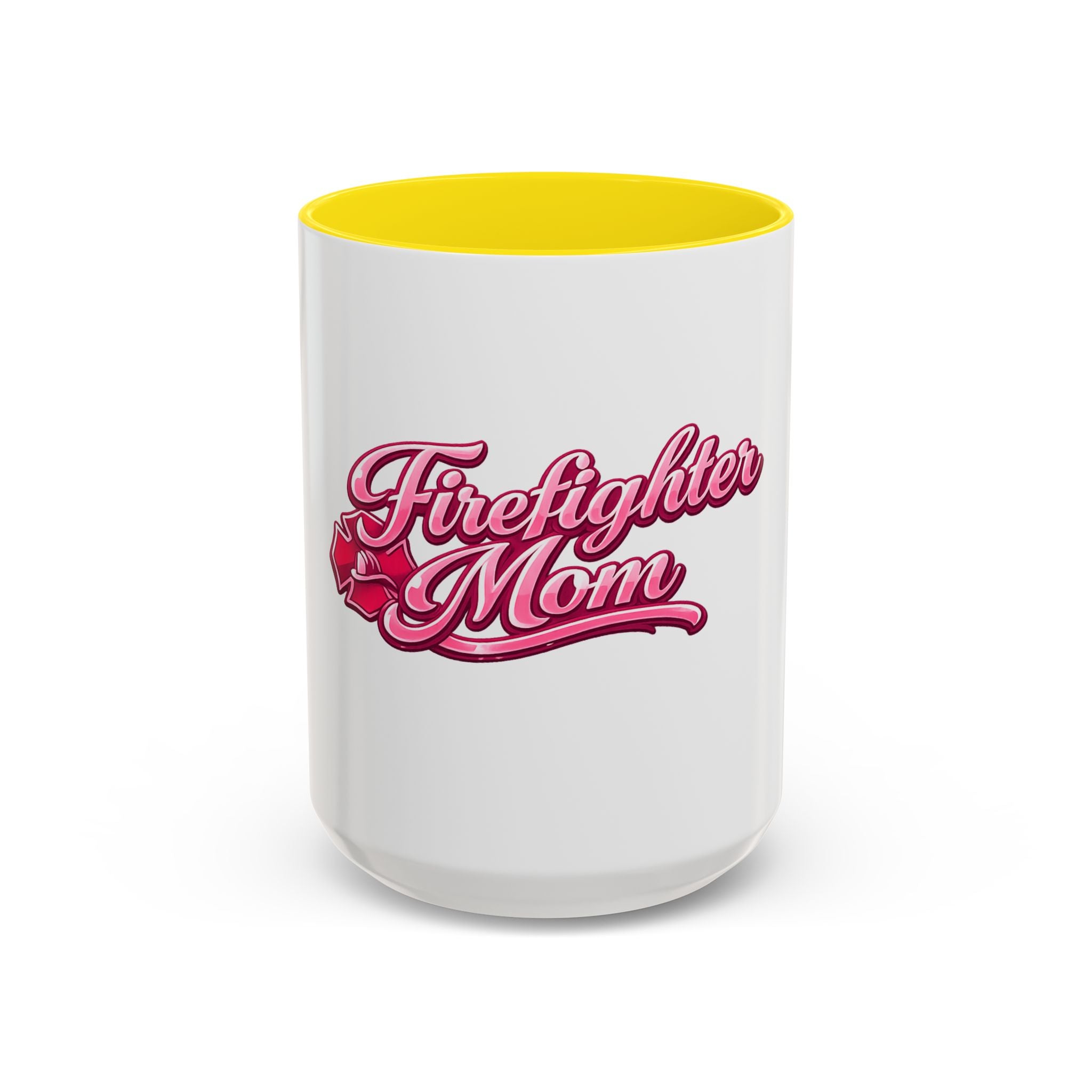 Firefighter Mom Accent Coffee Mug — Pink Script Tribute (11/15 oz)