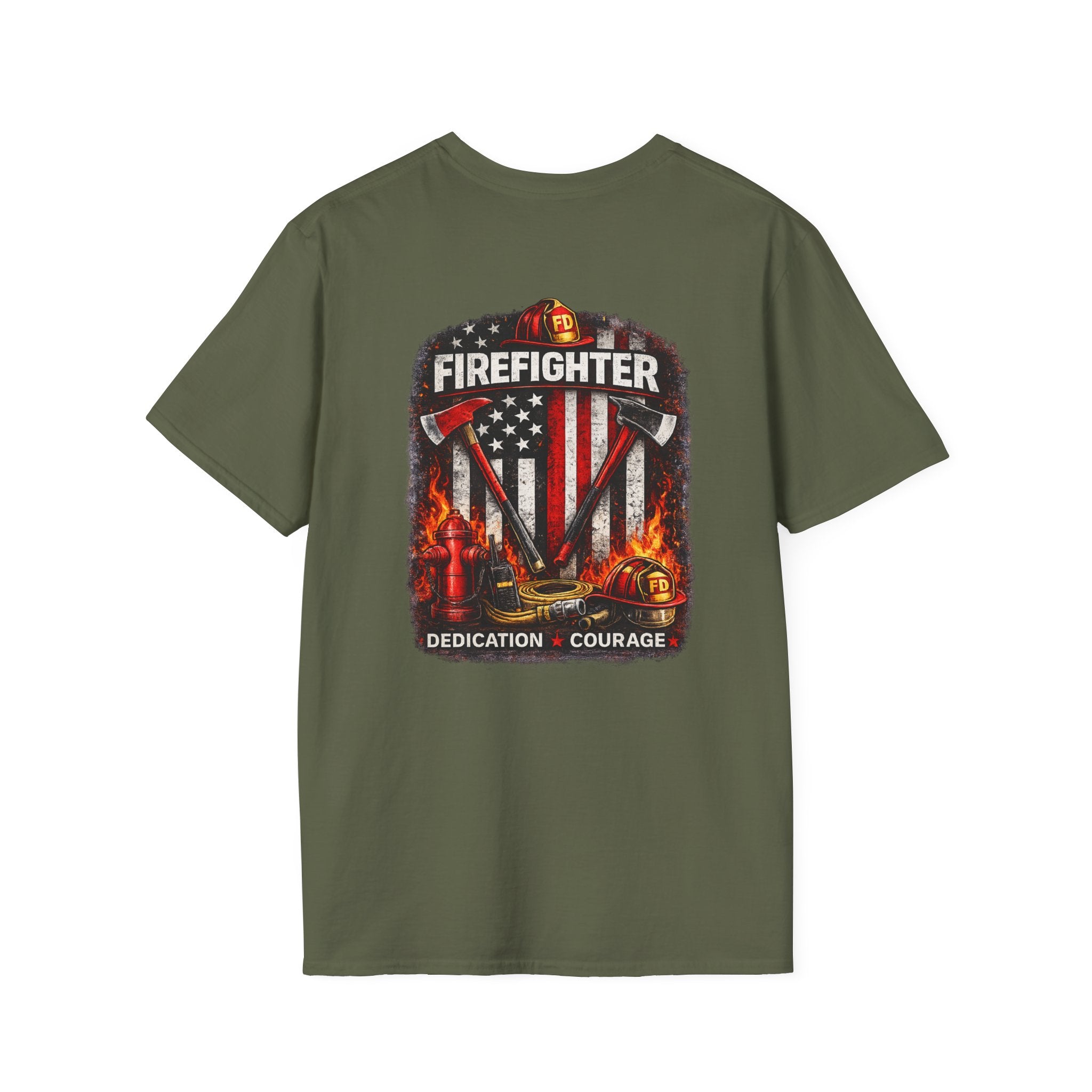 Firefighter T-Shirt — American Flag Helmet Design with "Dedication • Courage"