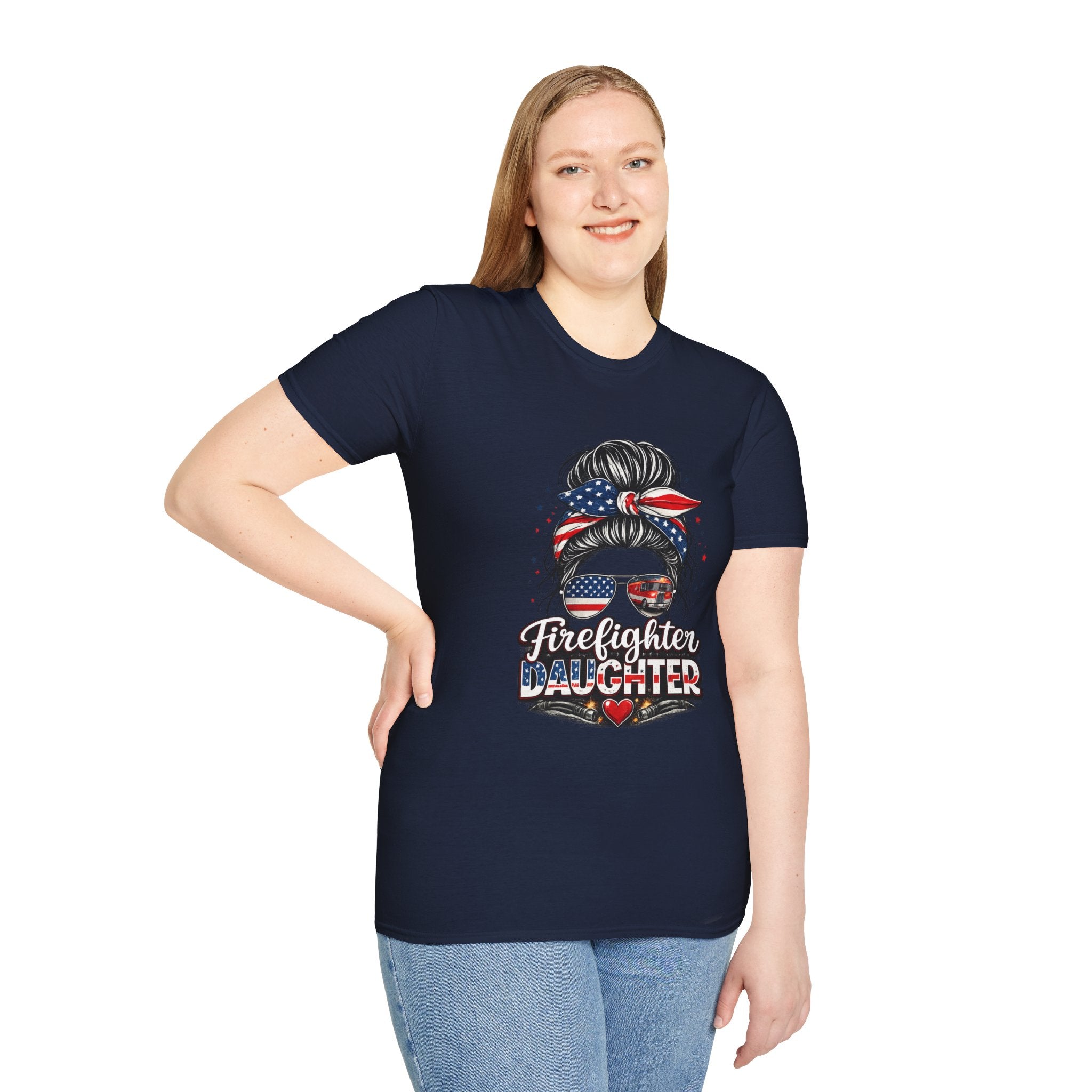 Firefighter Daughter T-Shirt — Patriotic Messy Bun Sunglasses Design