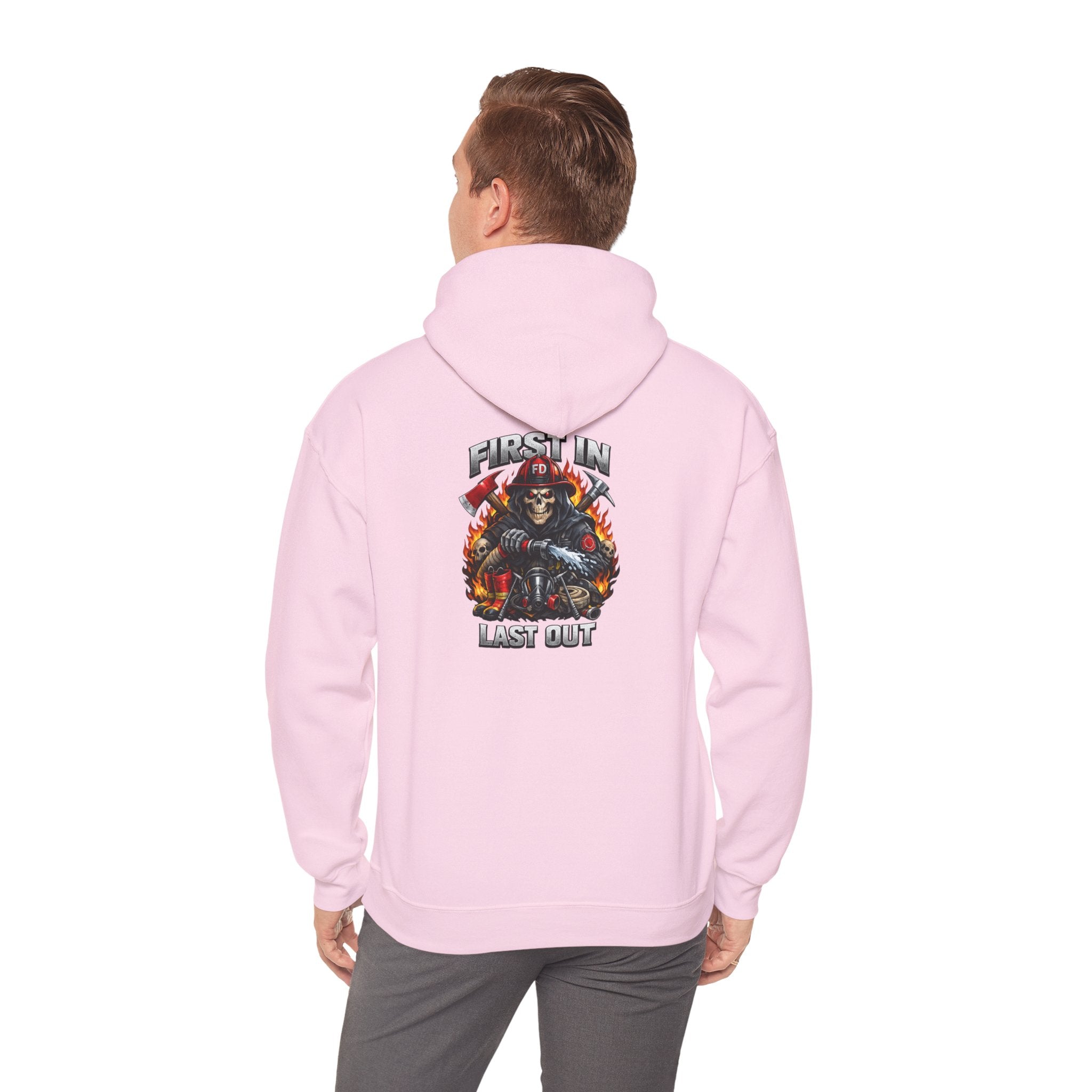 Fireman Skull Hoodie - "Fire In, Last Out" Firefighter Pullover