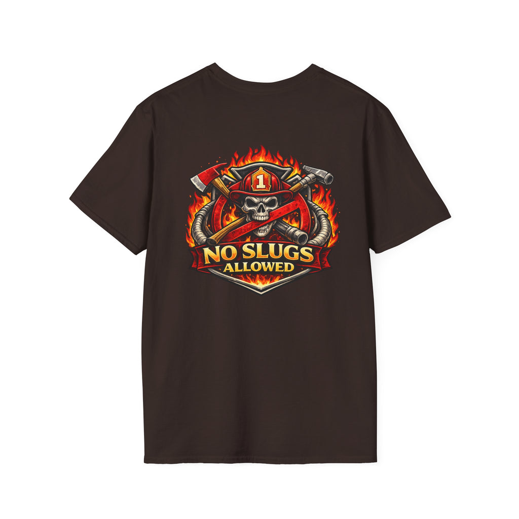 Firefighter Skull T-Shirt — "No Slugs Allowed" Graphic Tee