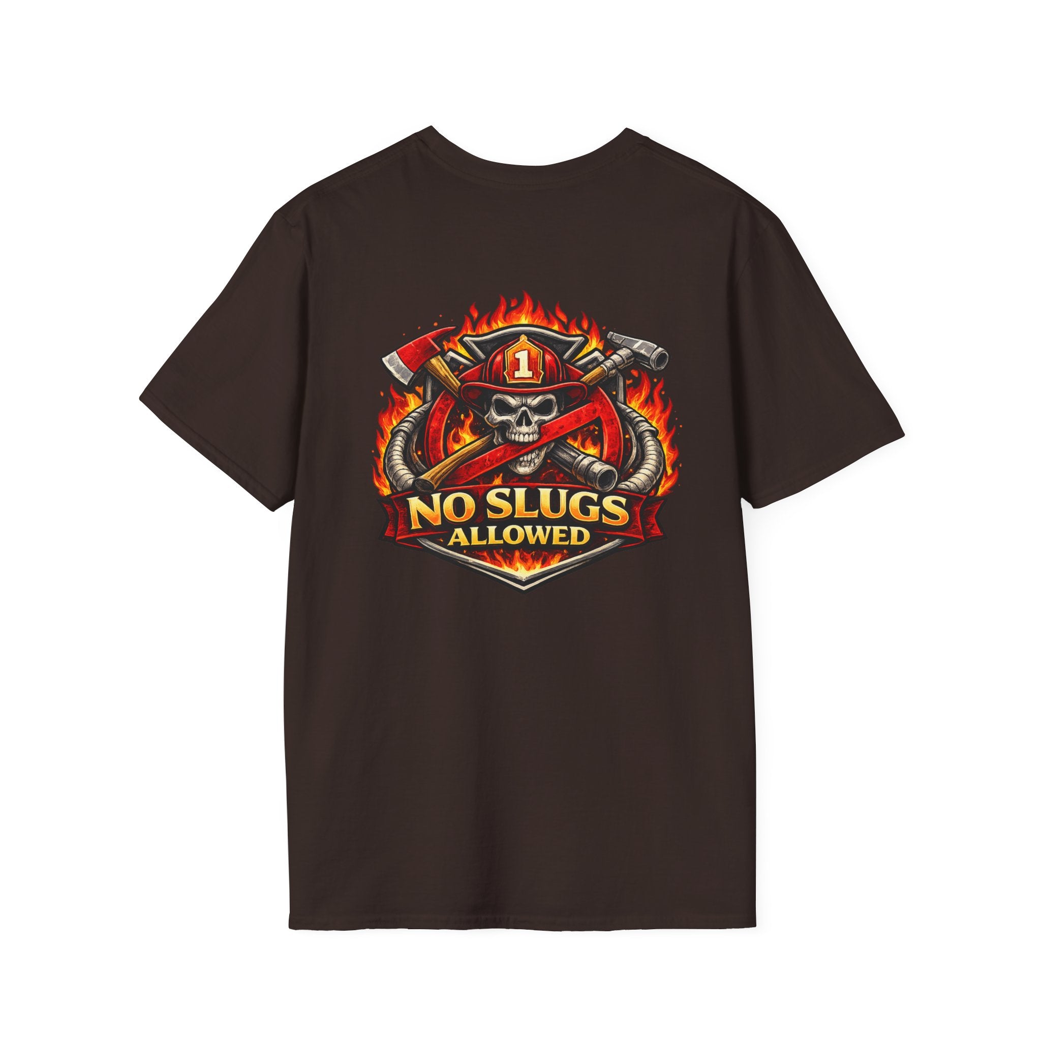 Firefighter Skull T-Shirt — "No Slugs Allowed" Graphic Tee