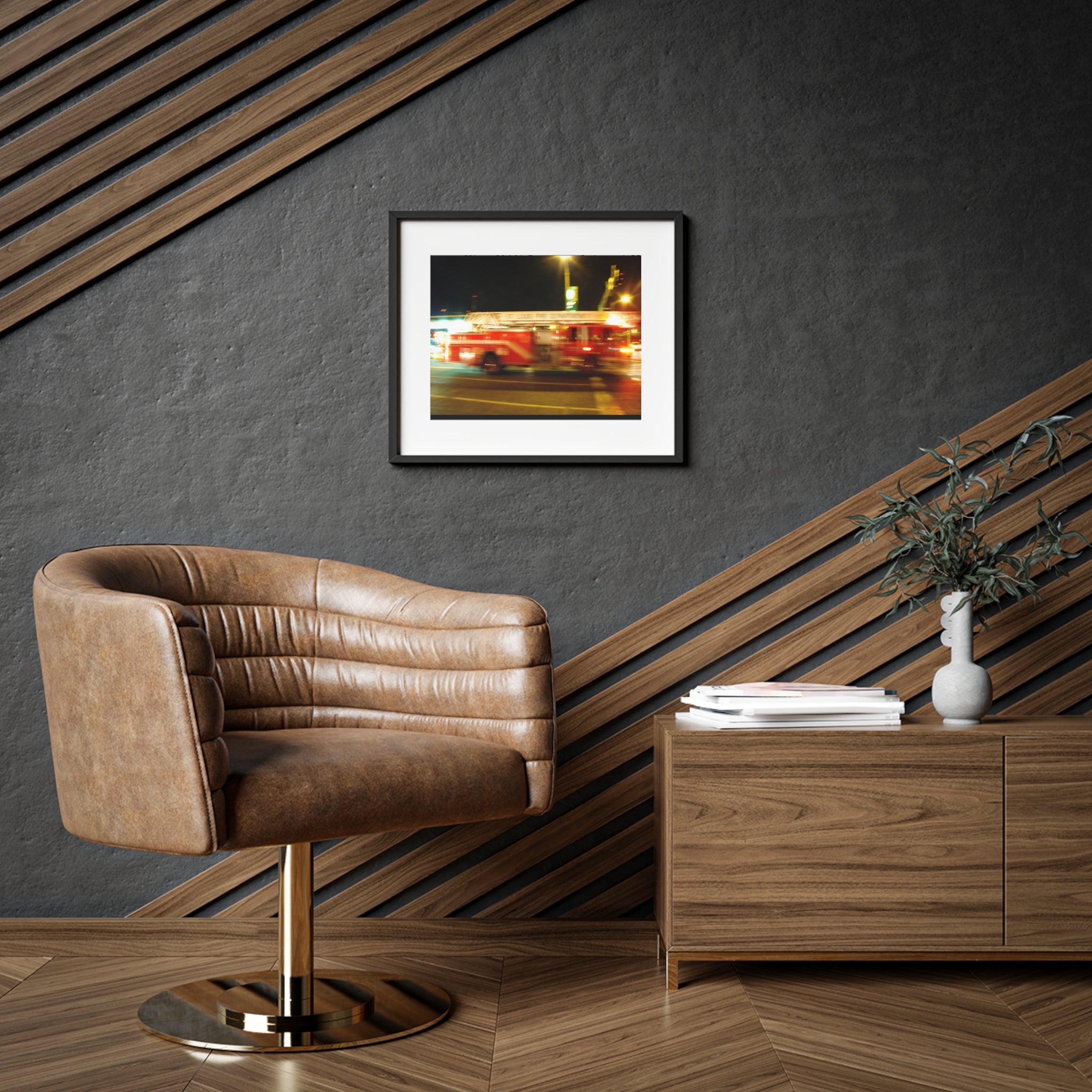 Fire Truck Motion Blur Framed Poster — Matte Photo Print for Home or Office