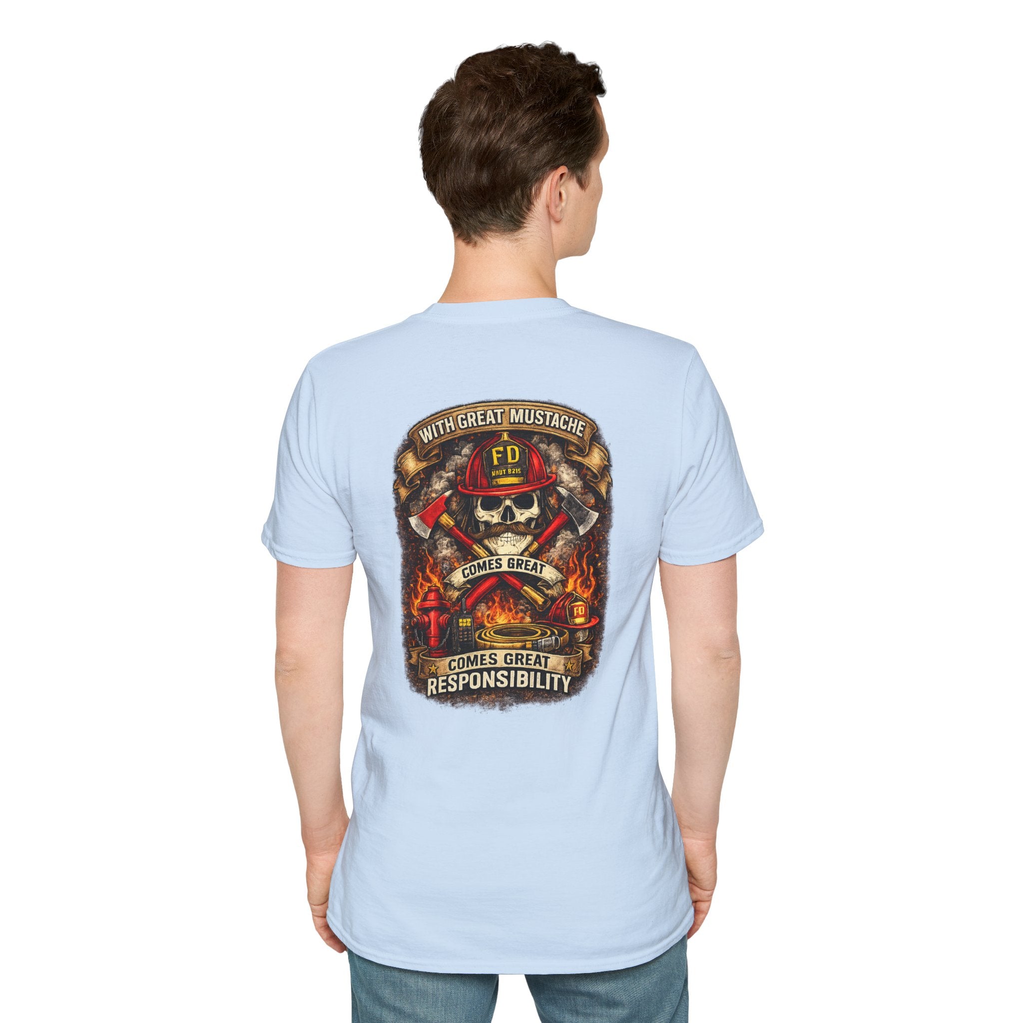Firefighter Skull T-Shirt — “With Great Mustache Comes Great Responsibility” Graphic Tee