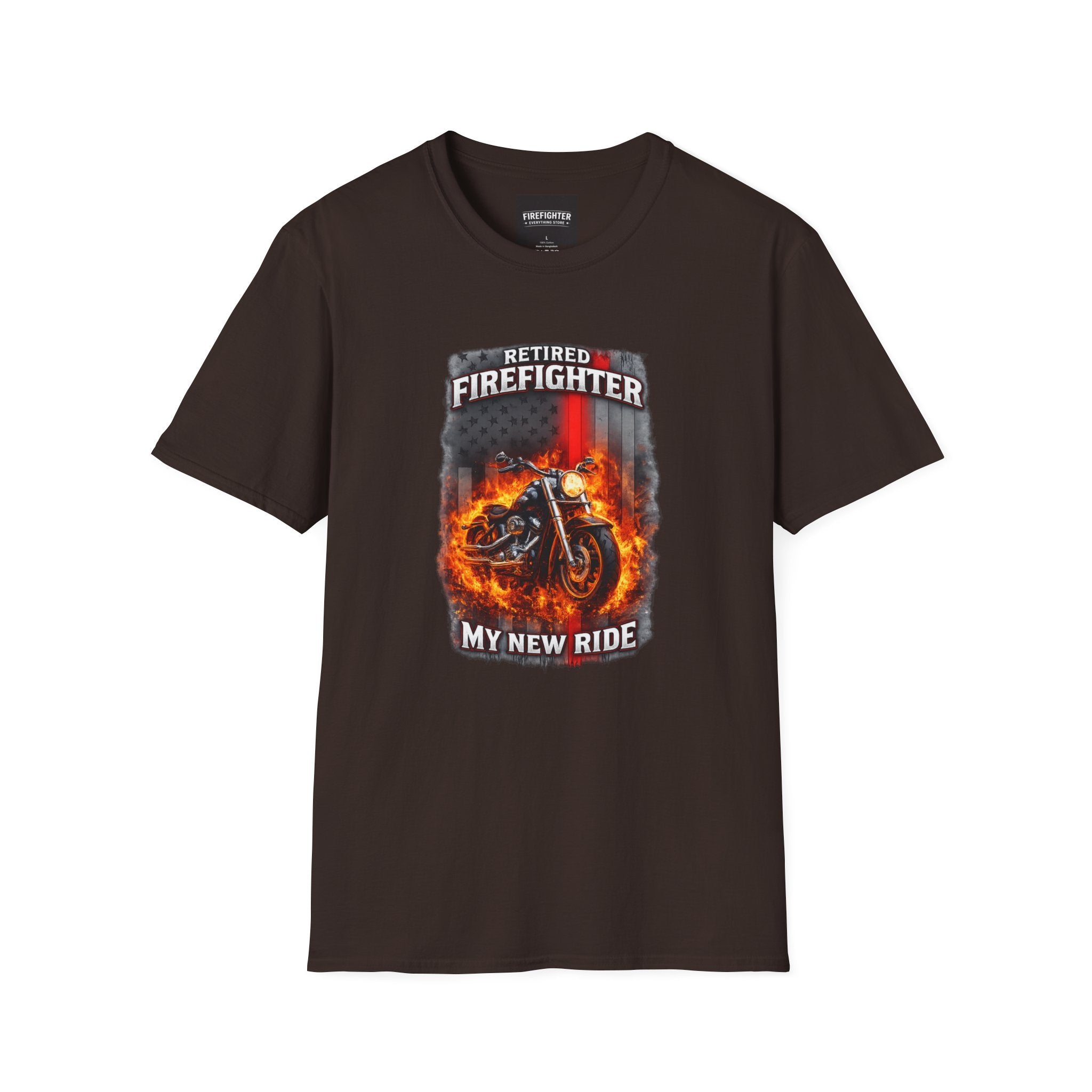 Retired Firefighter Motorcycle T-Shirt — “My New Ride” Biker Tee" Graphic on Front