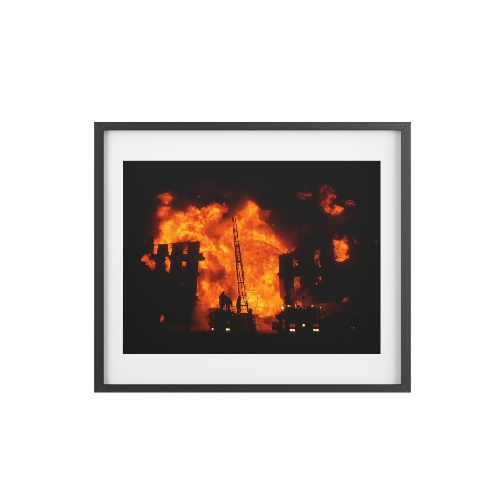 Firefighter Wall Art — Dramatic Building Fire Framed Poster (Matte)