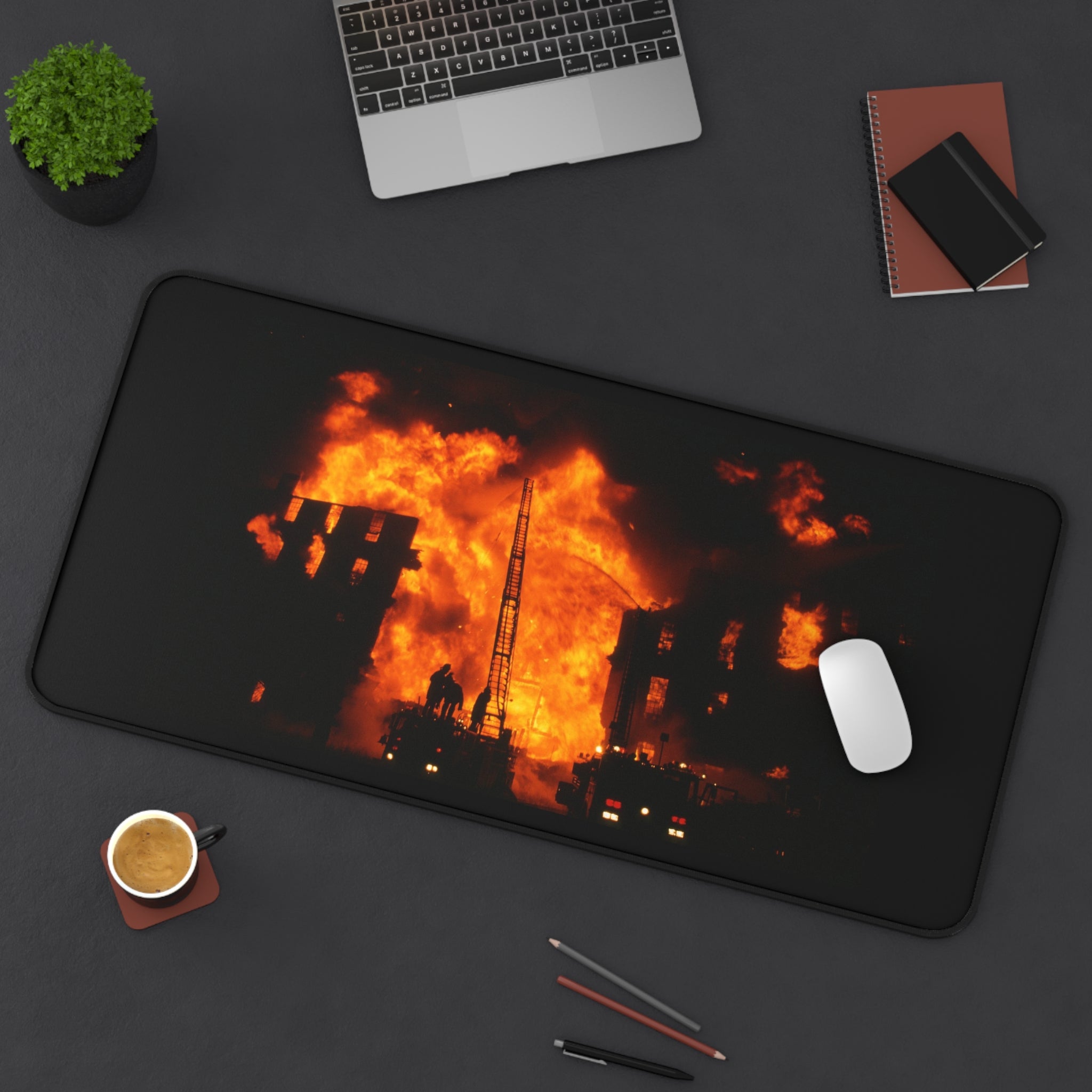 Firefighter Desk Mat – Fiery Urban Blaze Photo Mouse Pad for First Responders & Fire Enthusiasts