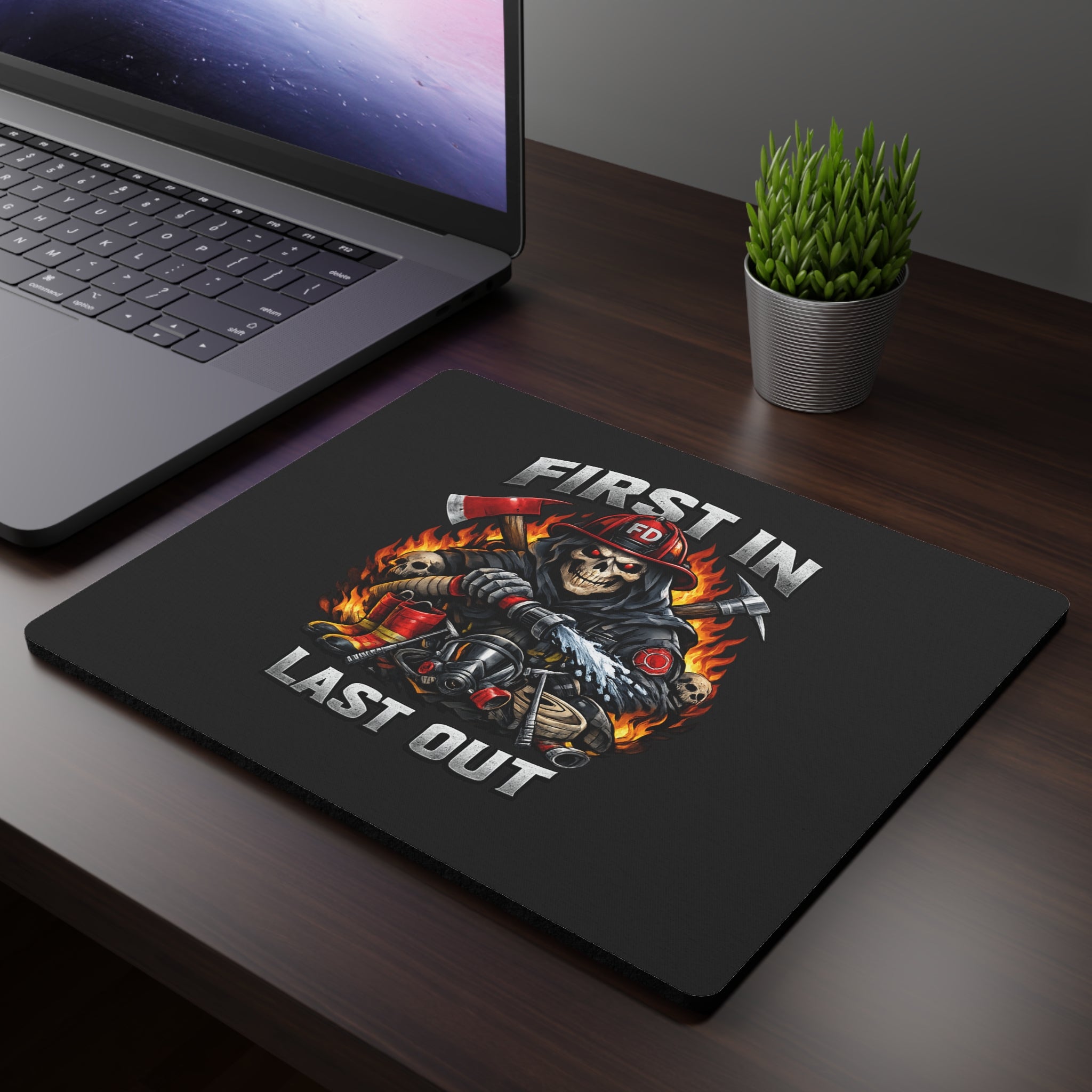 Firefighter Mouse Pad — "First In Last Out" Skull & Flames