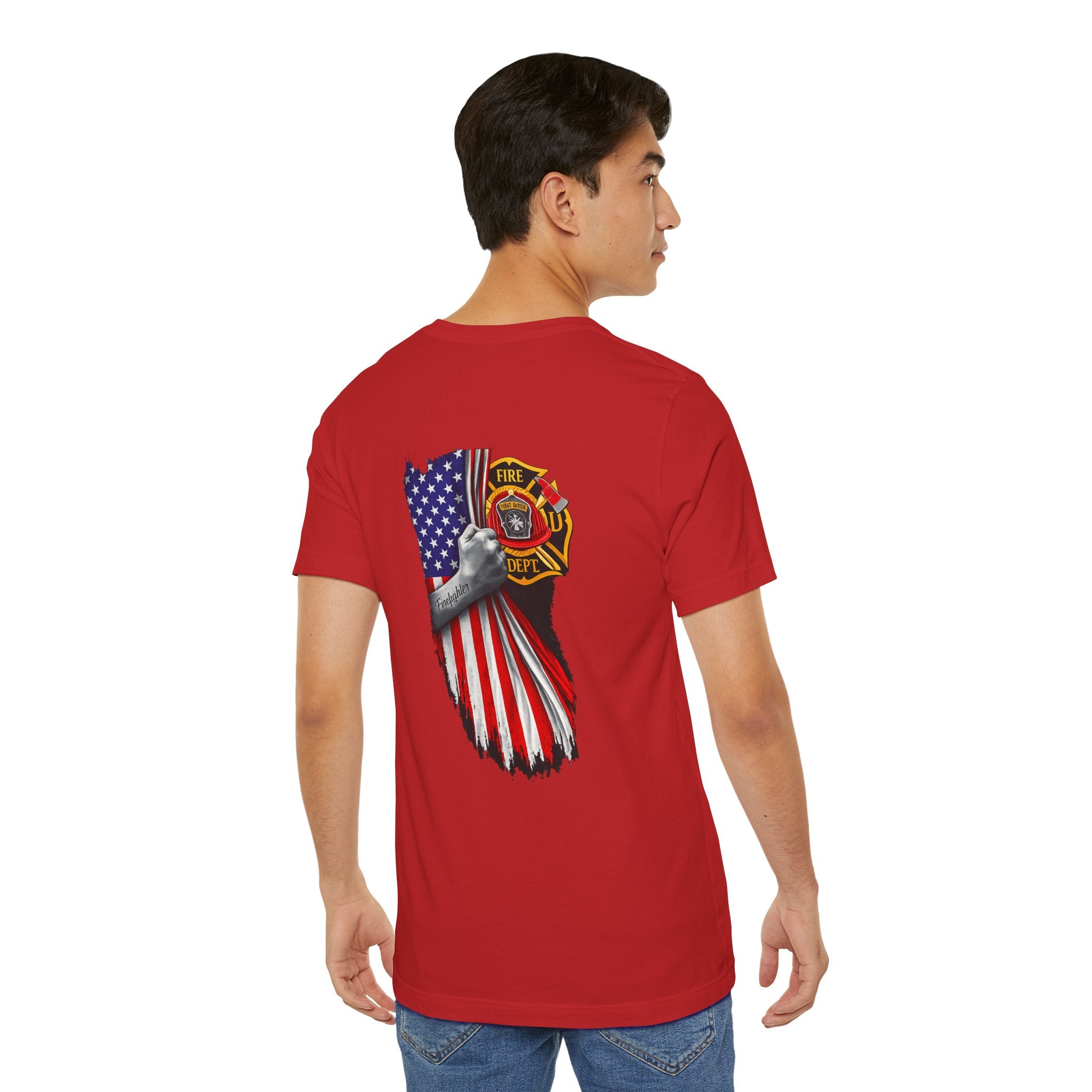 Firefighter Flag T-Shirt — American Flag & Maltese Cross Back Tee