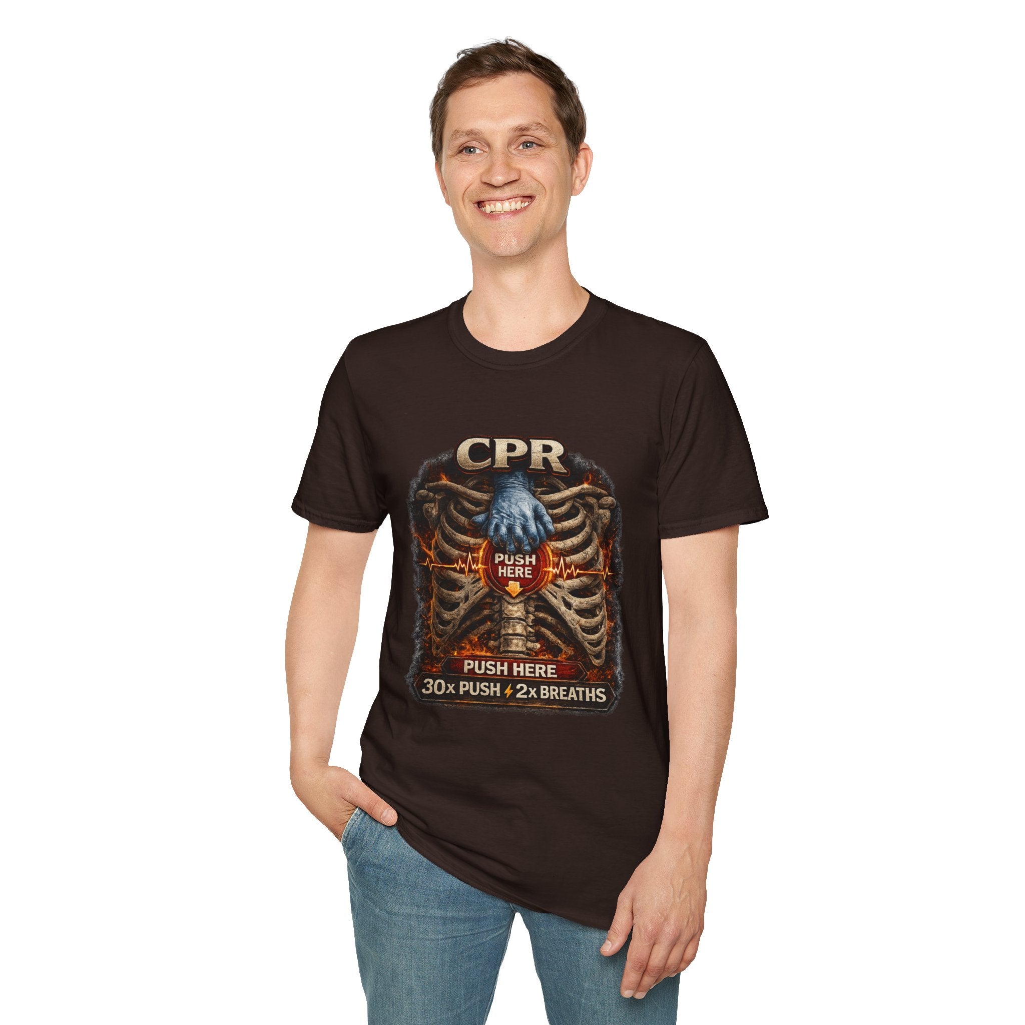 CPR Instruction T-Shirt — Ribcage Graphic with "Push Here: 30x Push + 2x Breaths"