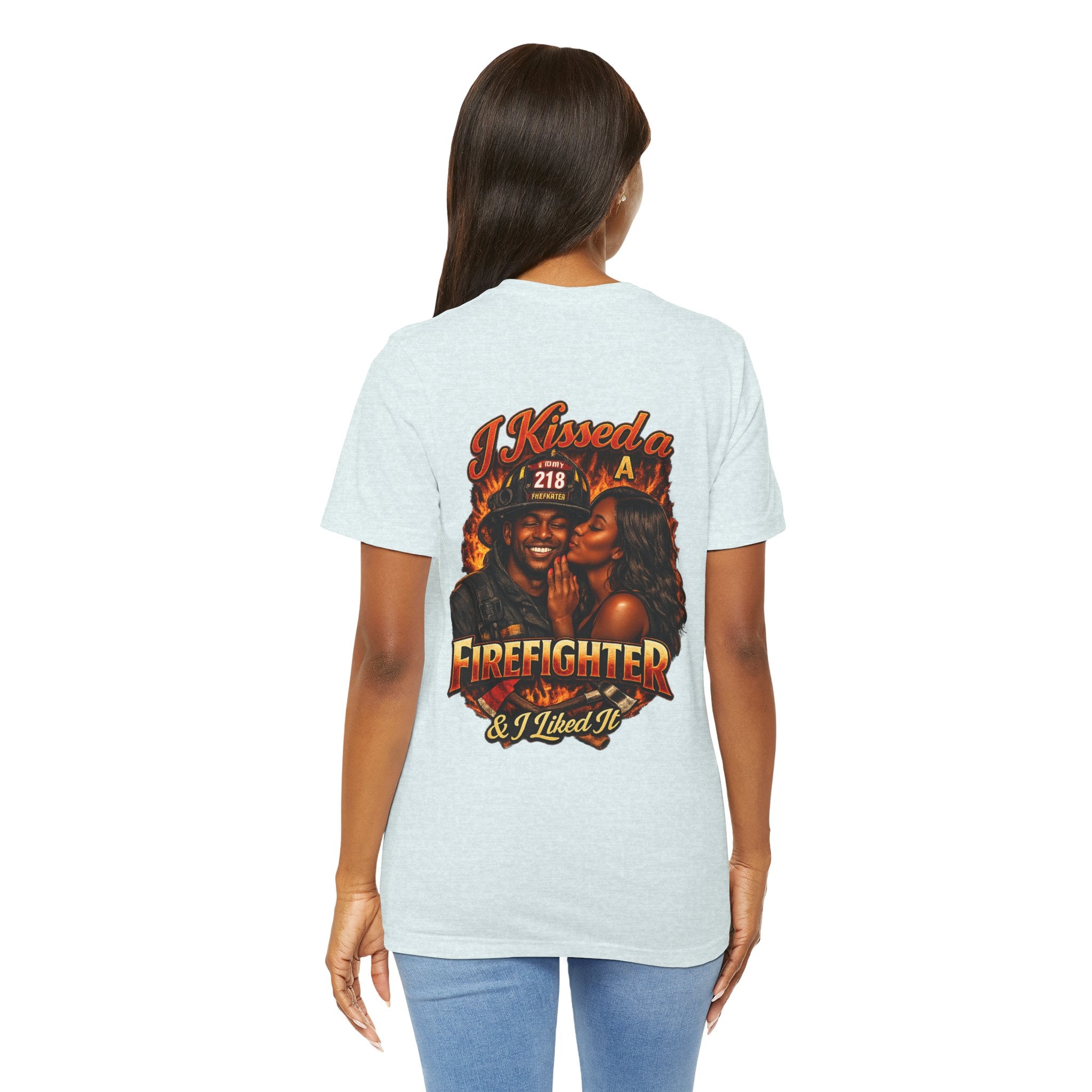 Firefighter Kiss T‑Shirt – "I Kissed a Firefighter & I Liked It" Back Print