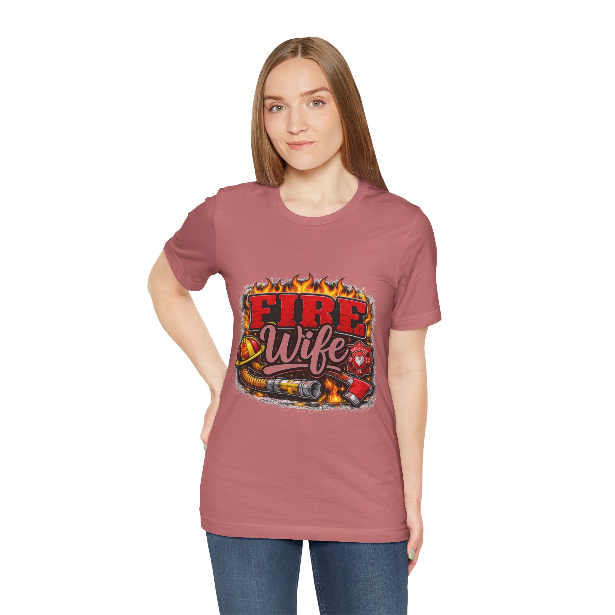Fire Wife T-Shirt – Firefighter Spouse Tee with Helmet, Hose & Flames
