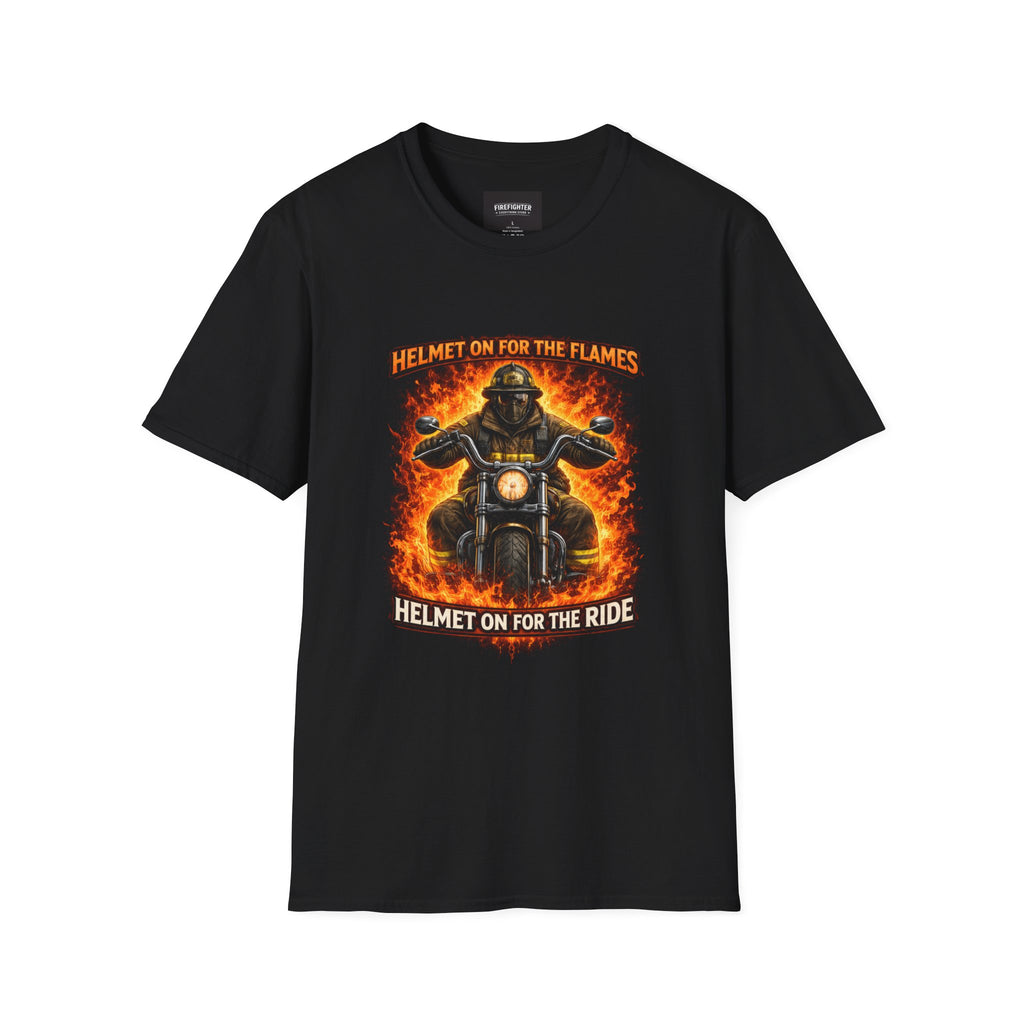 Firefighter Biker Flames T-Shirt — "Helmet On for the Ride" Motorcycle Tee- Front Graphic