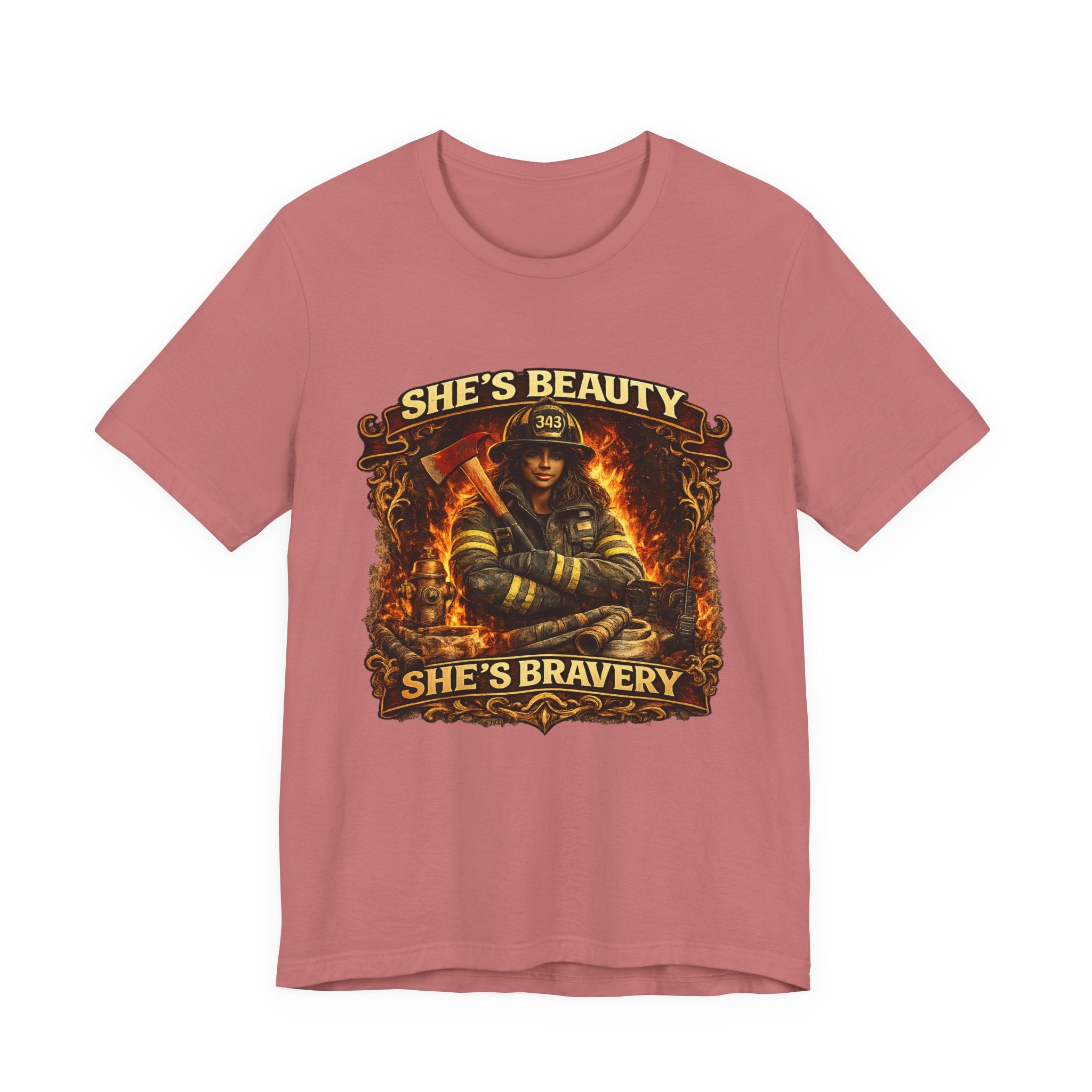 Firefighter Woman Tee - "She's Beauty, She's Bravery" Graphic T-Shirt