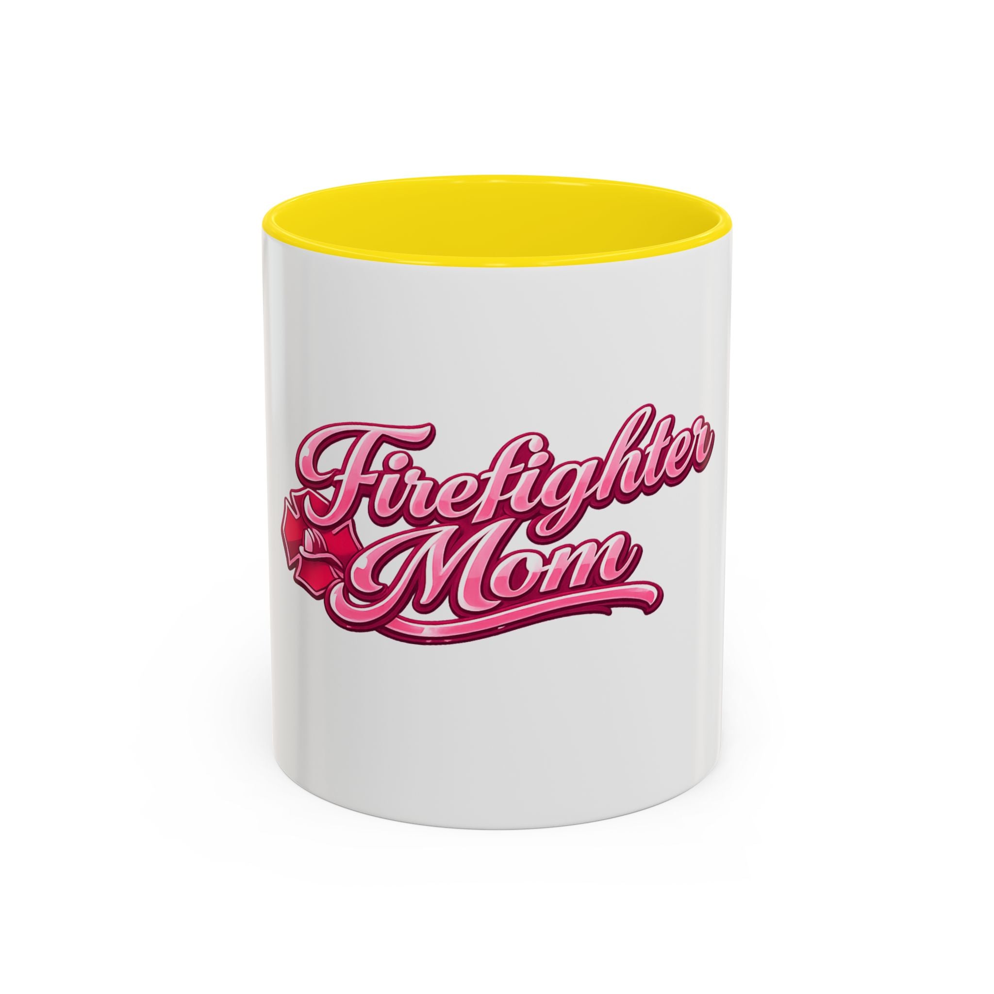 Firefighter Mom Accent Coffee Mug — Pink Script Tribute (11/15 oz)