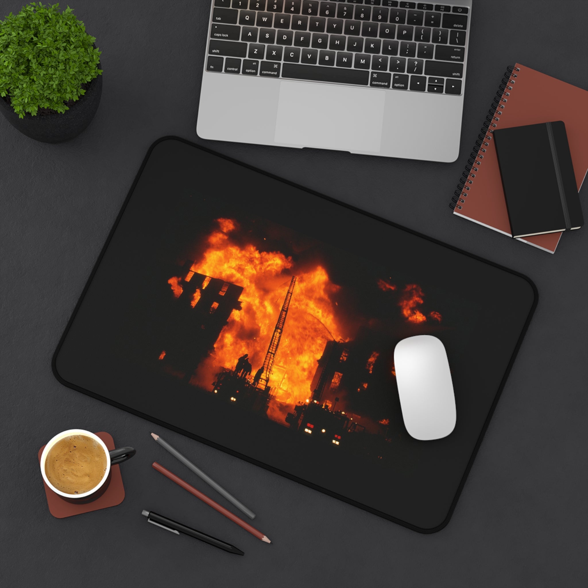 Firefighter Desk Mat – Fiery Urban Blaze Photo Mouse Pad for First Responders & Fire Enthusiasts