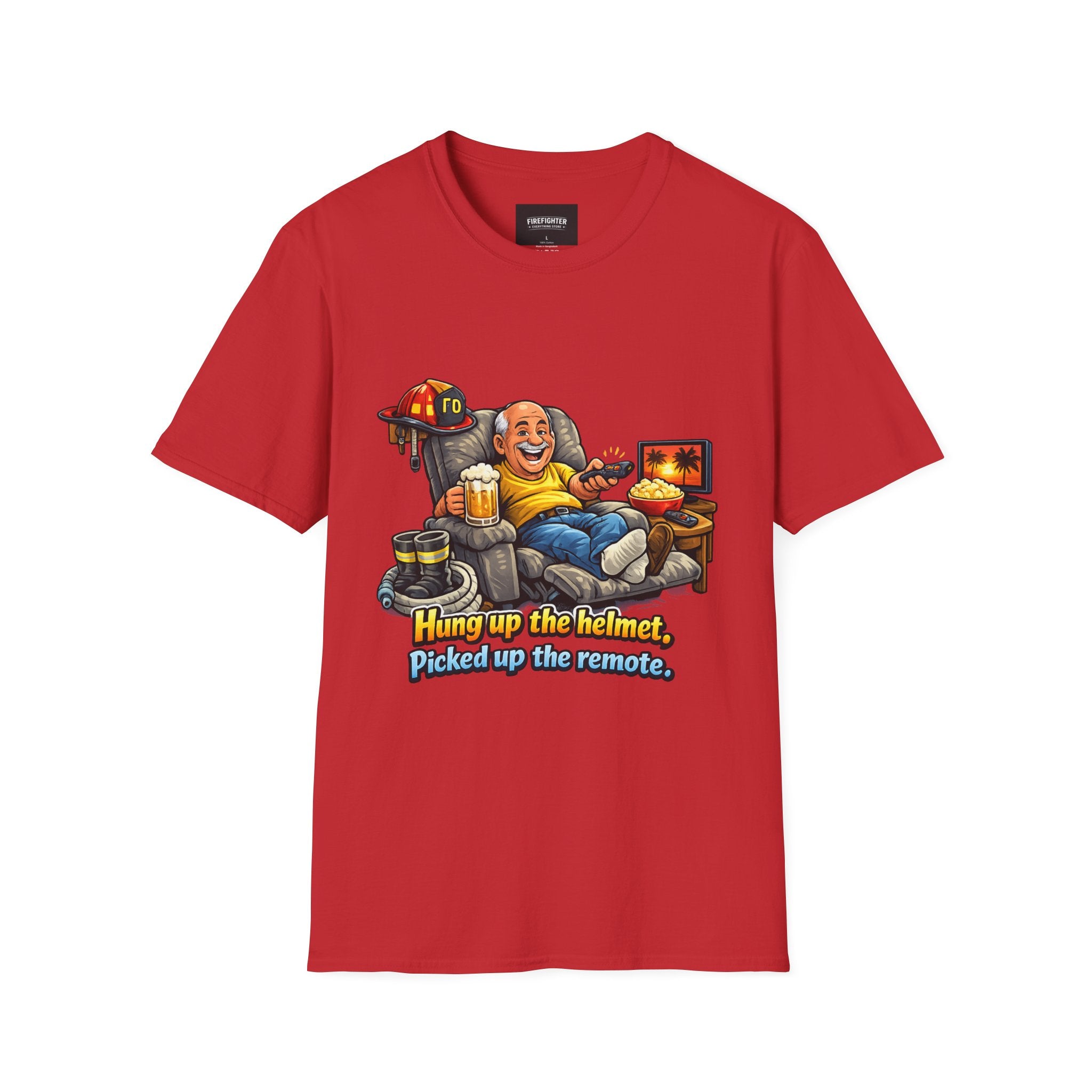 Firefighter Retirement T-Shirt — "Hung up the helmet, picked up the remote" Graphic on Front