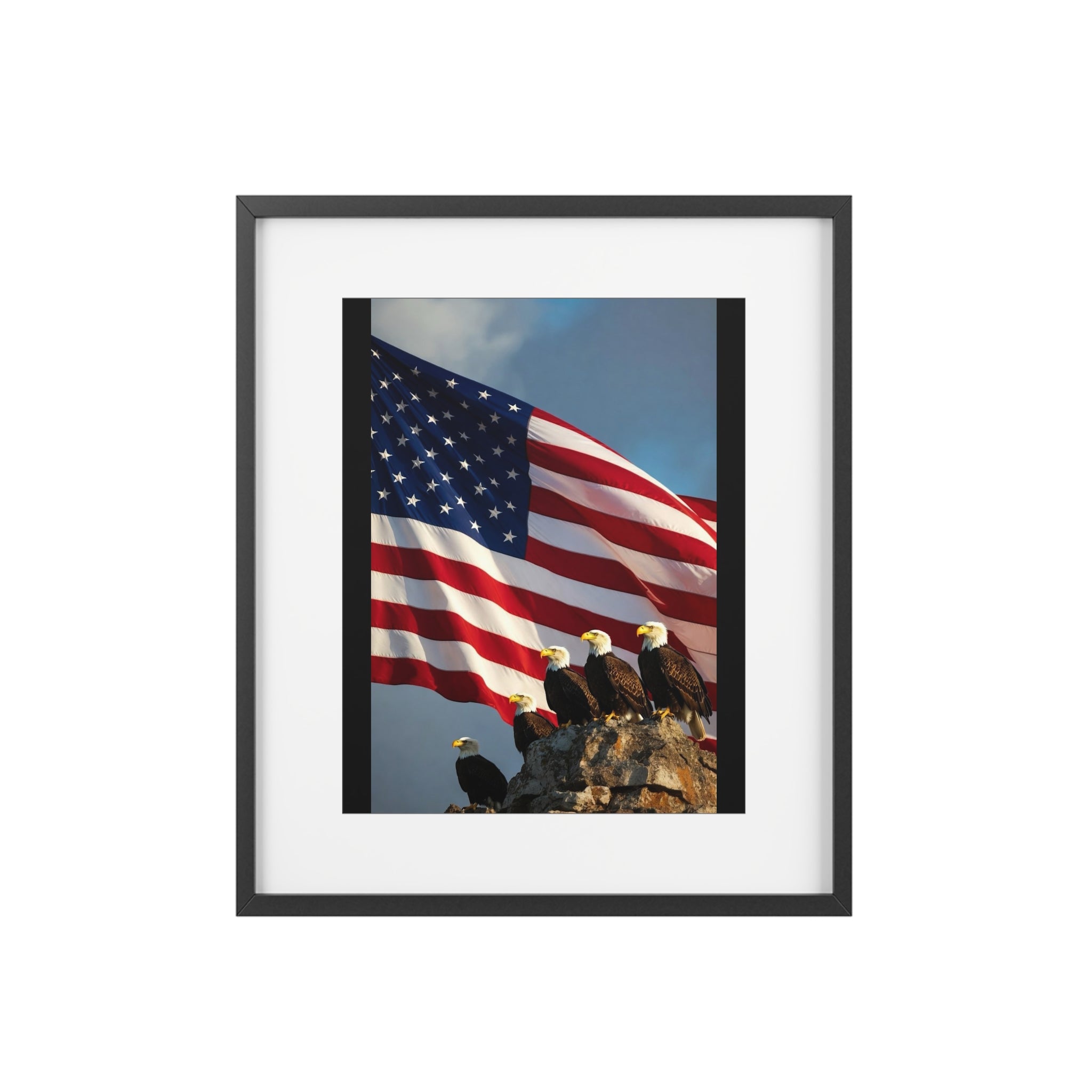 Framed Poster - Patriotic Bald Eagles & American Flag Wall Art (Matte)