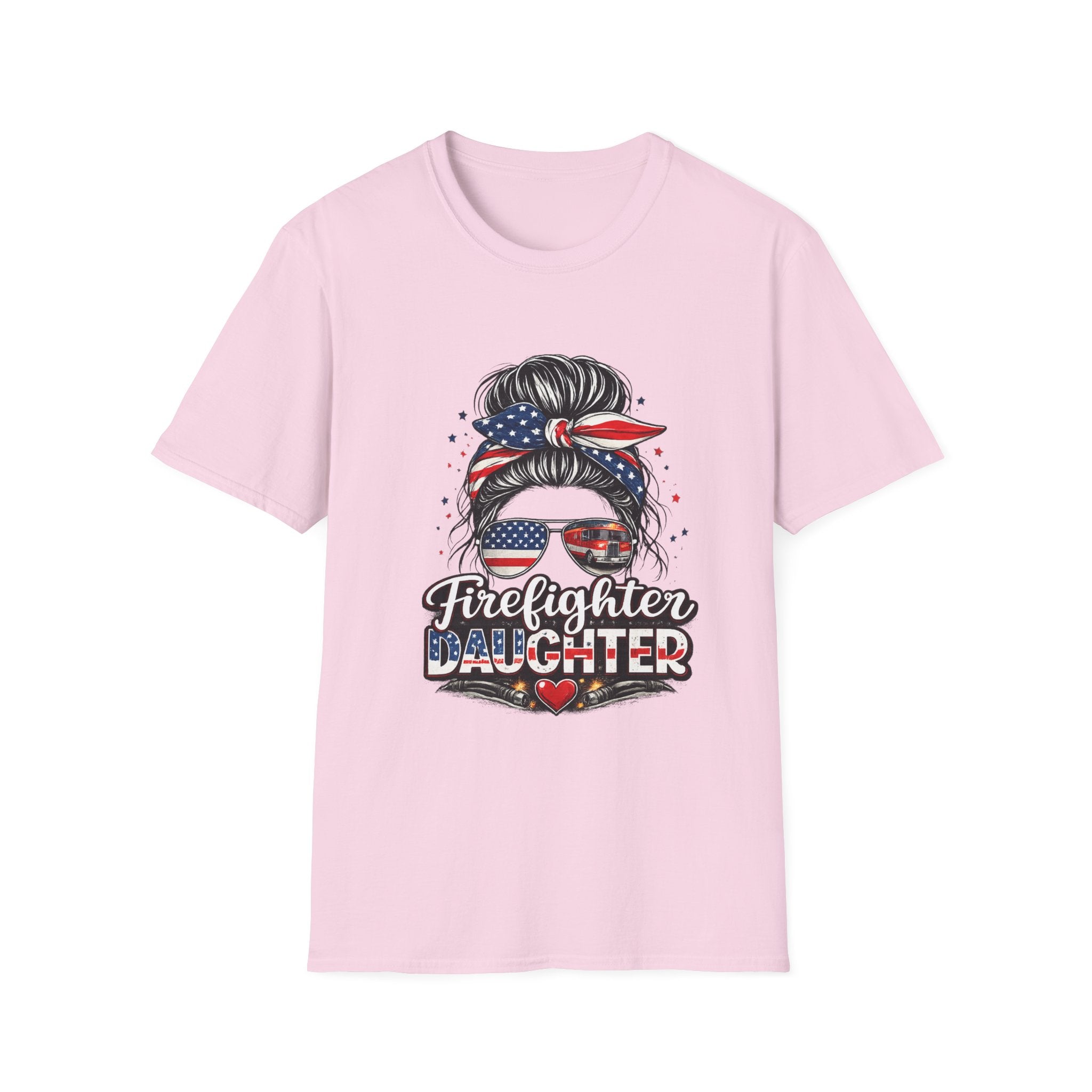 Firefighter Daughter T-Shirt — Patriotic Messy Bun Sunglasses Design
