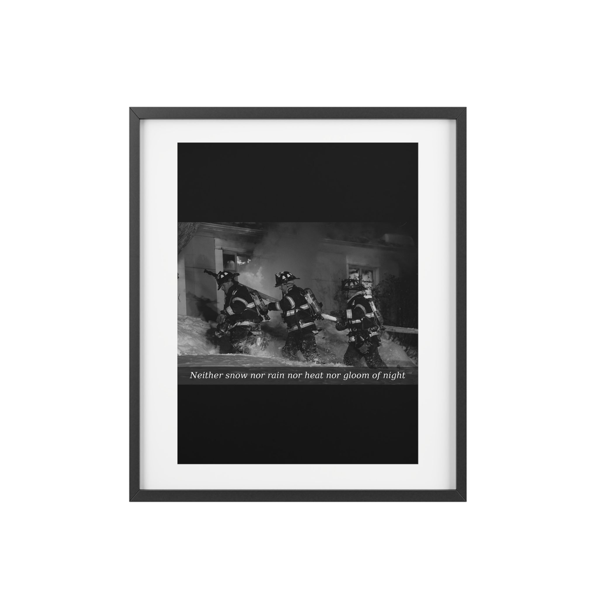 Framed Poster — Firefighters Vintage Photo with Quote (“Neither snow nor rain nor heat nor gloom of night”)