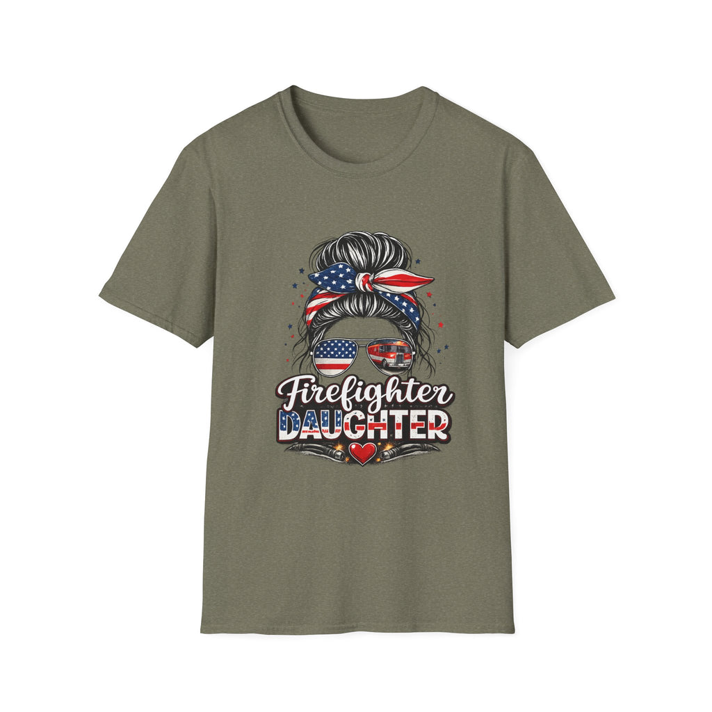Firefighter Daughter T-Shirt — Patriotic Messy Bun Sunglasses Design