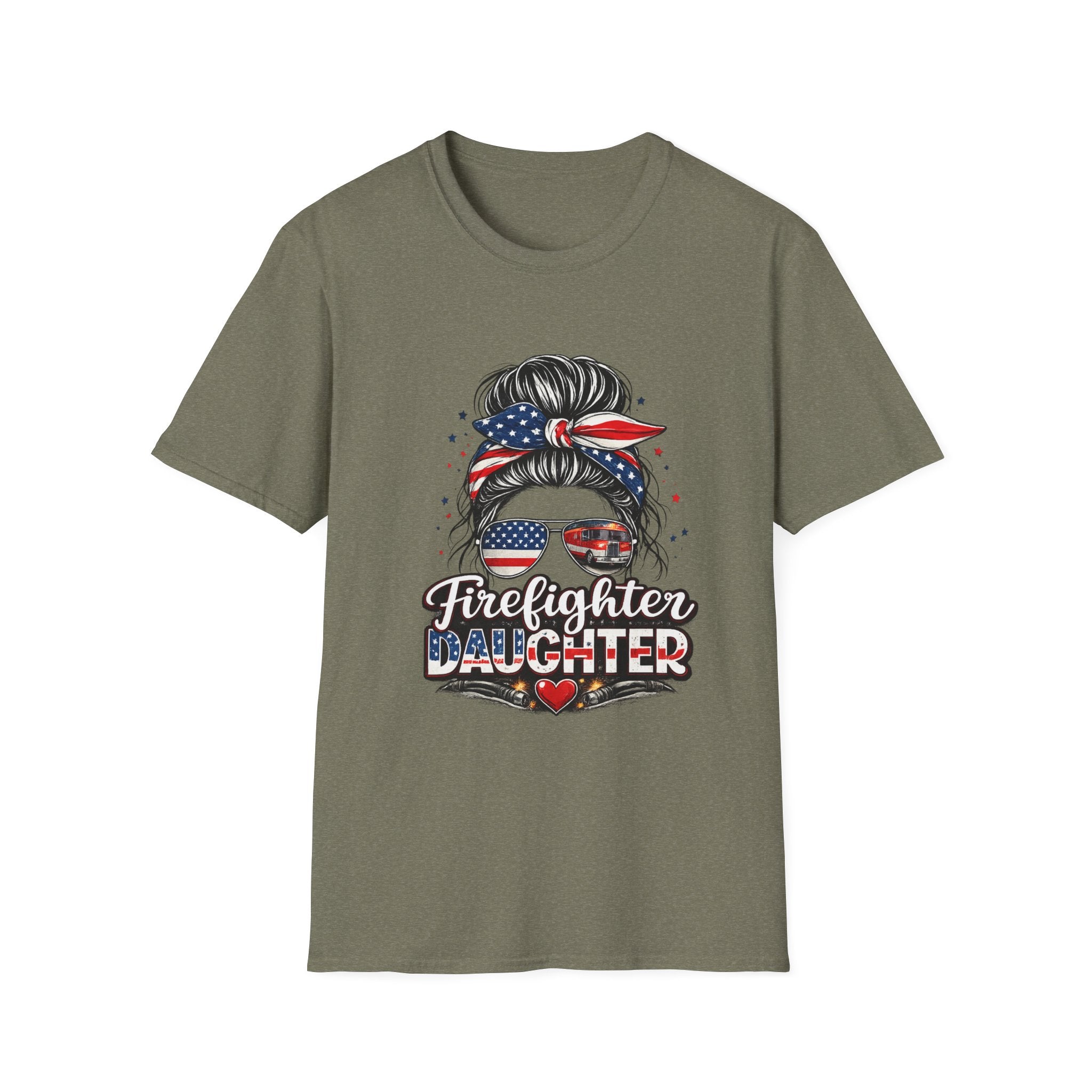 Firefighter Daughter T-Shirt — Patriotic Messy Bun Sunglasses Design
