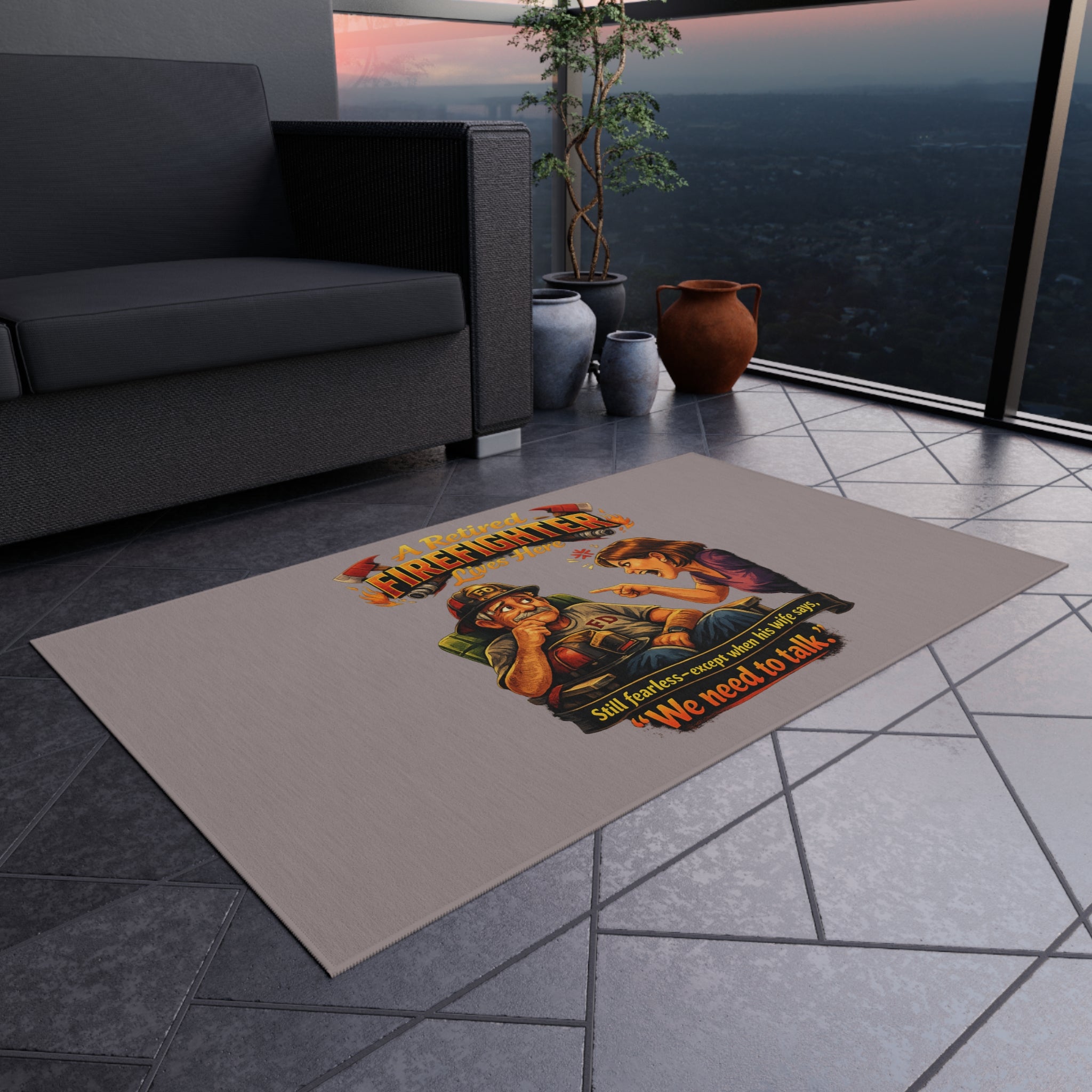 Outdoor Rug — "A Retired Firefighter Lives Here" Funny Patriotic Welcome Mat