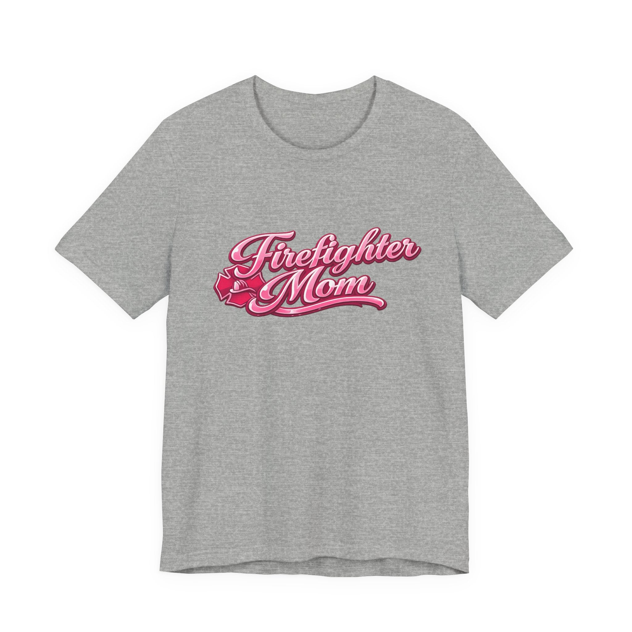 Firefighter Mom T-Shirt — Pink Script Rescue Emblem Tee