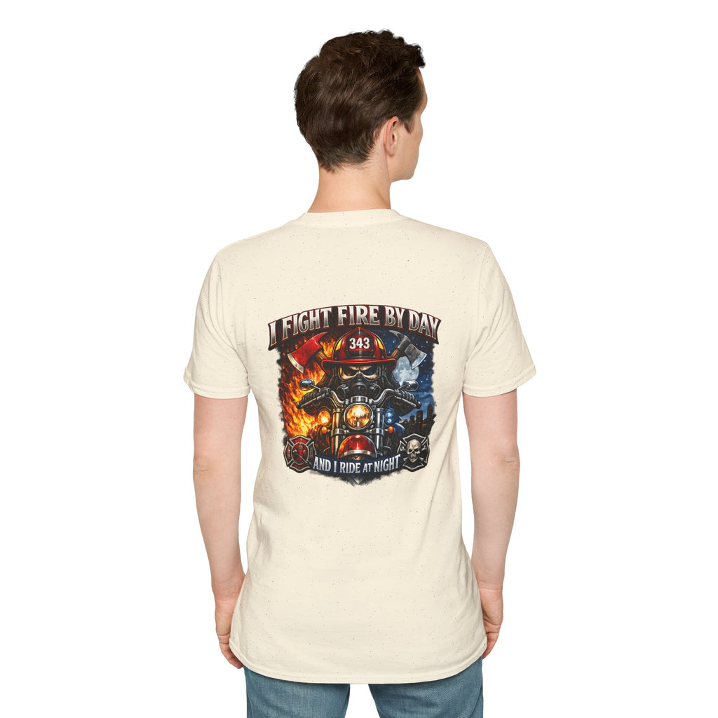 Firefighter T-Shirt — "I Fight Fire By Day and I Ride At Night" Graphic Tee