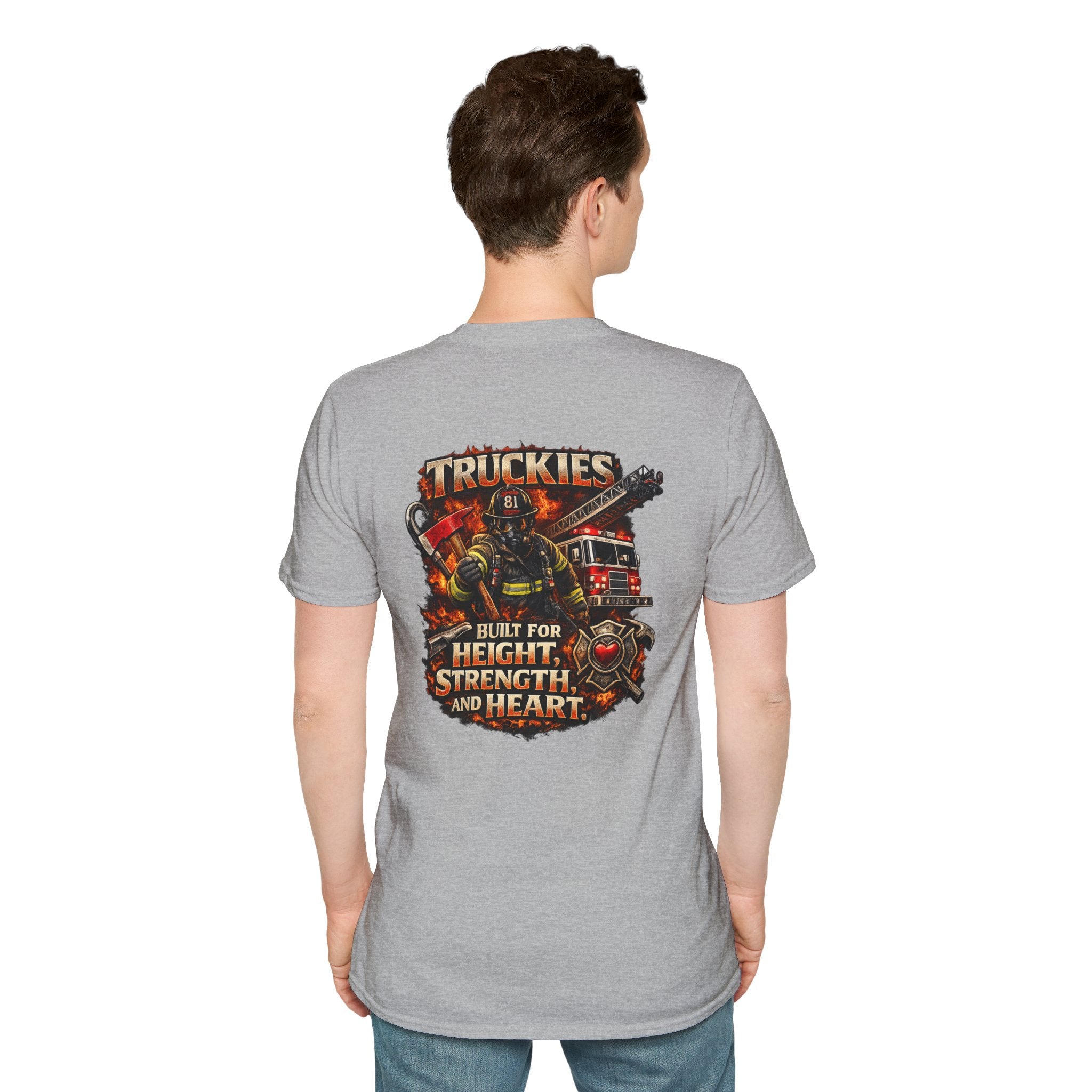 Firefighter Truckies T-Shirt — "Built for Height, Strength and Heart"