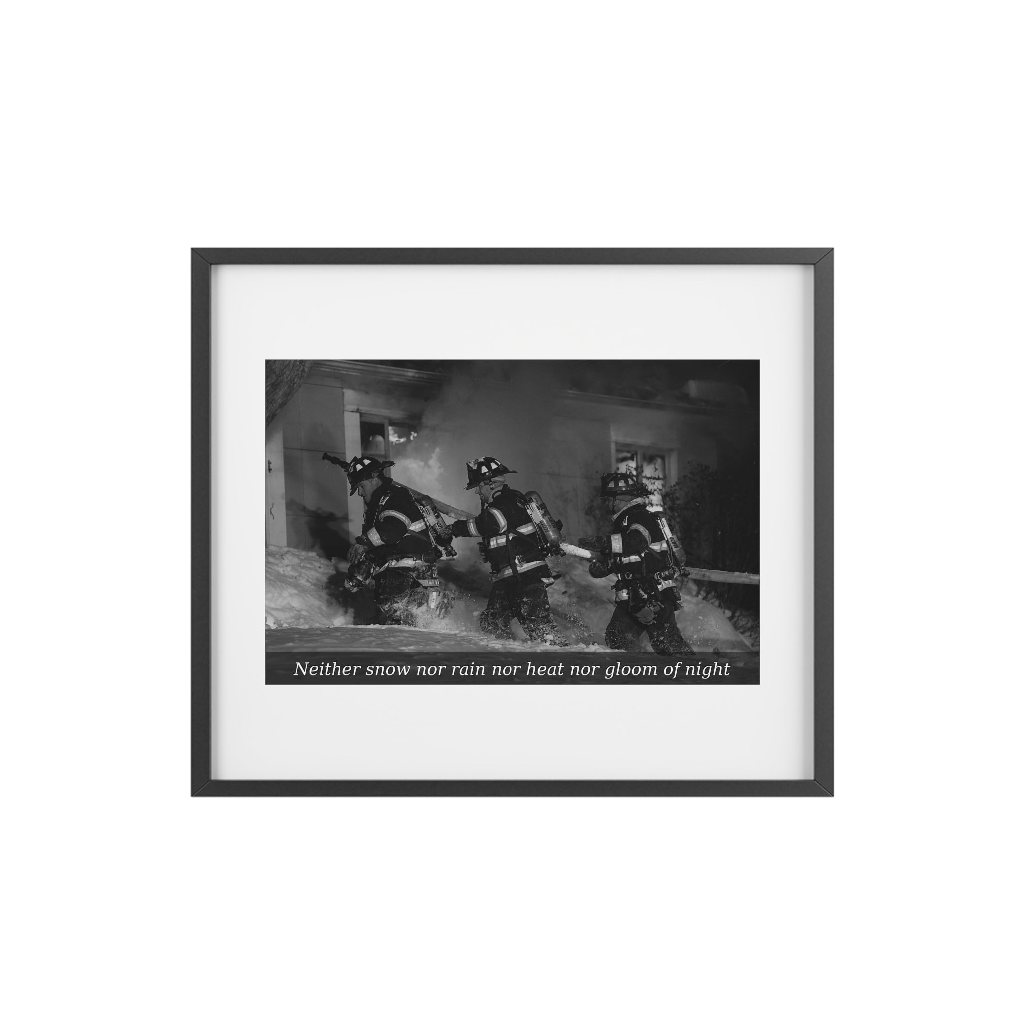 Framed Poster — Firefighters Vintage Photo with Quote (“Neither snow nor rain nor heat nor gloom of night”)