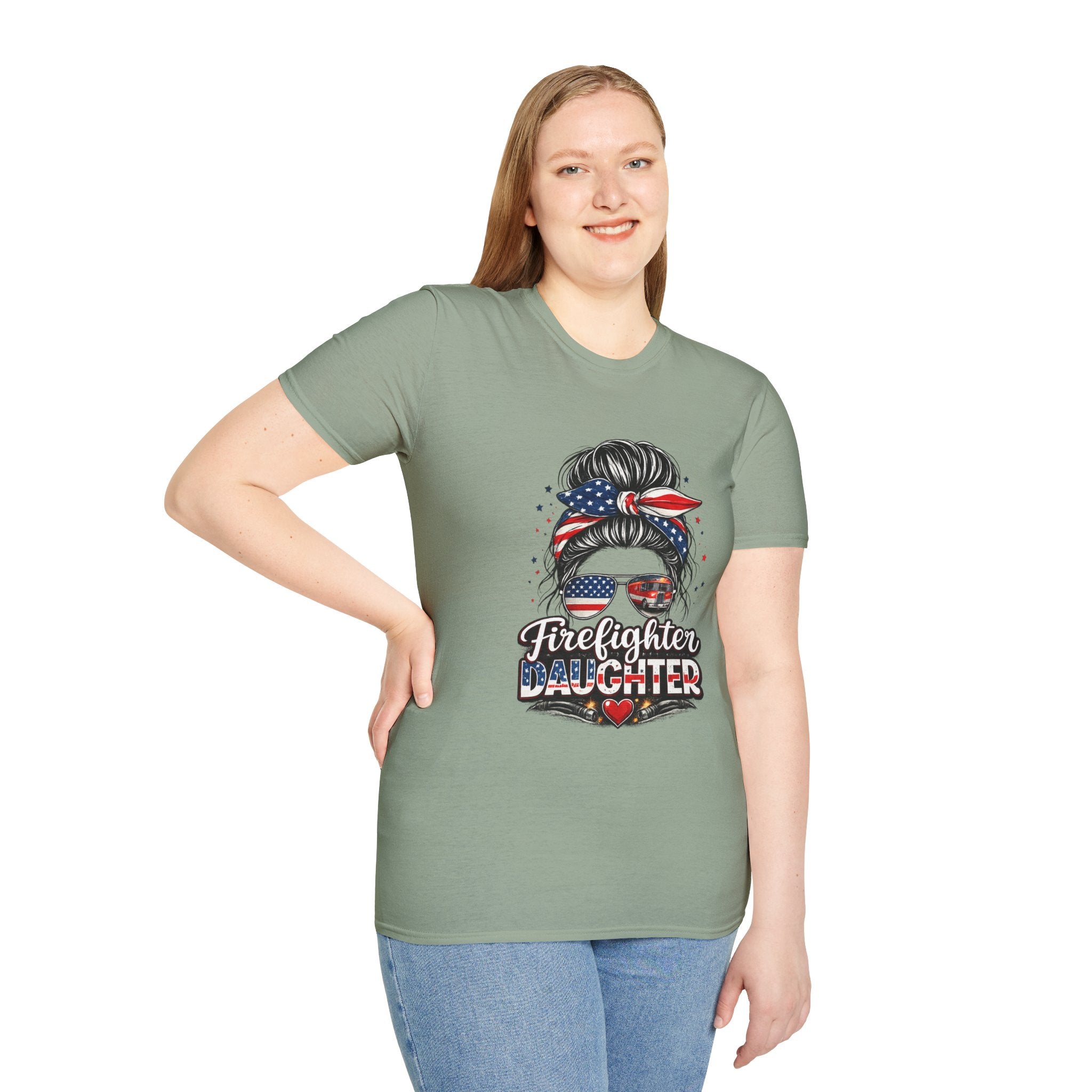 Firefighter Daughter T-Shirt — Patriotic Messy Bun Sunglasses Design