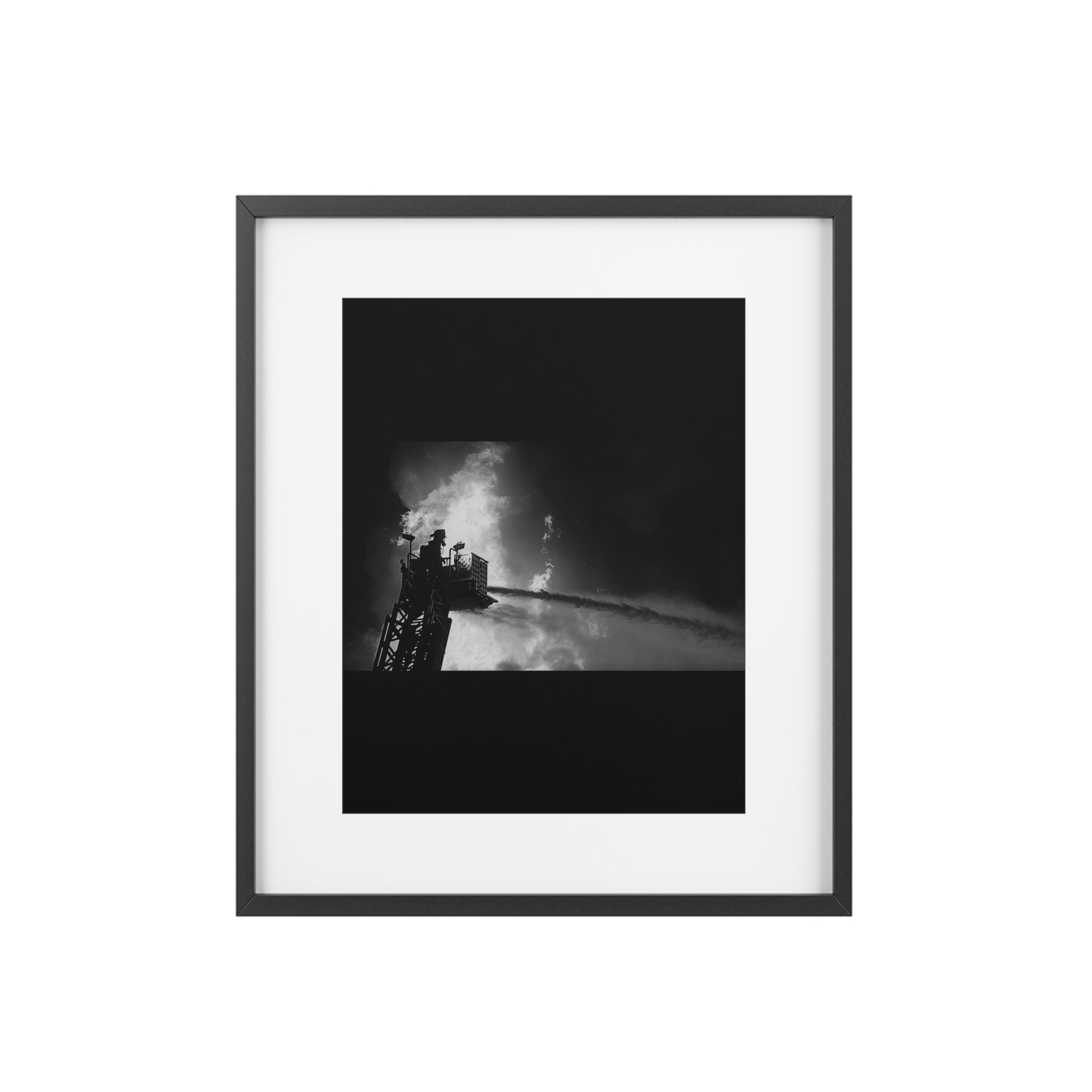 Framed Poster — Dramatic Black & White Firefighter Ladder Photo (Matte)