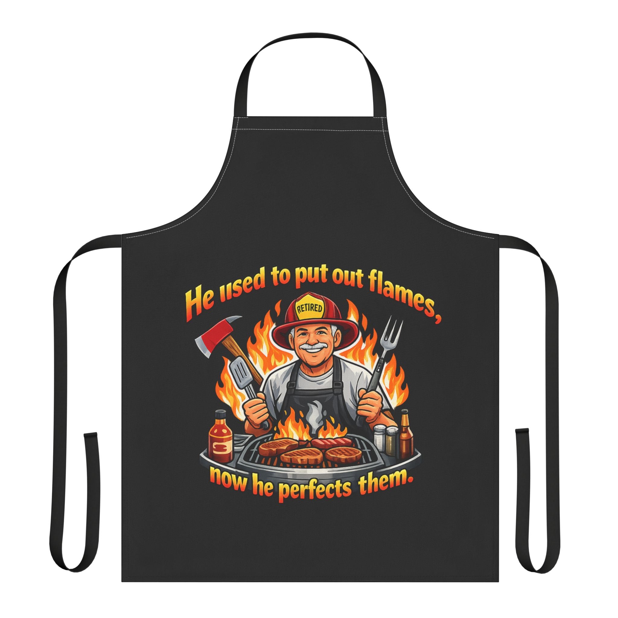 Firefighter Dad BBQ Apron — "He used to put out flames, now he perfects them" Grilling Apron