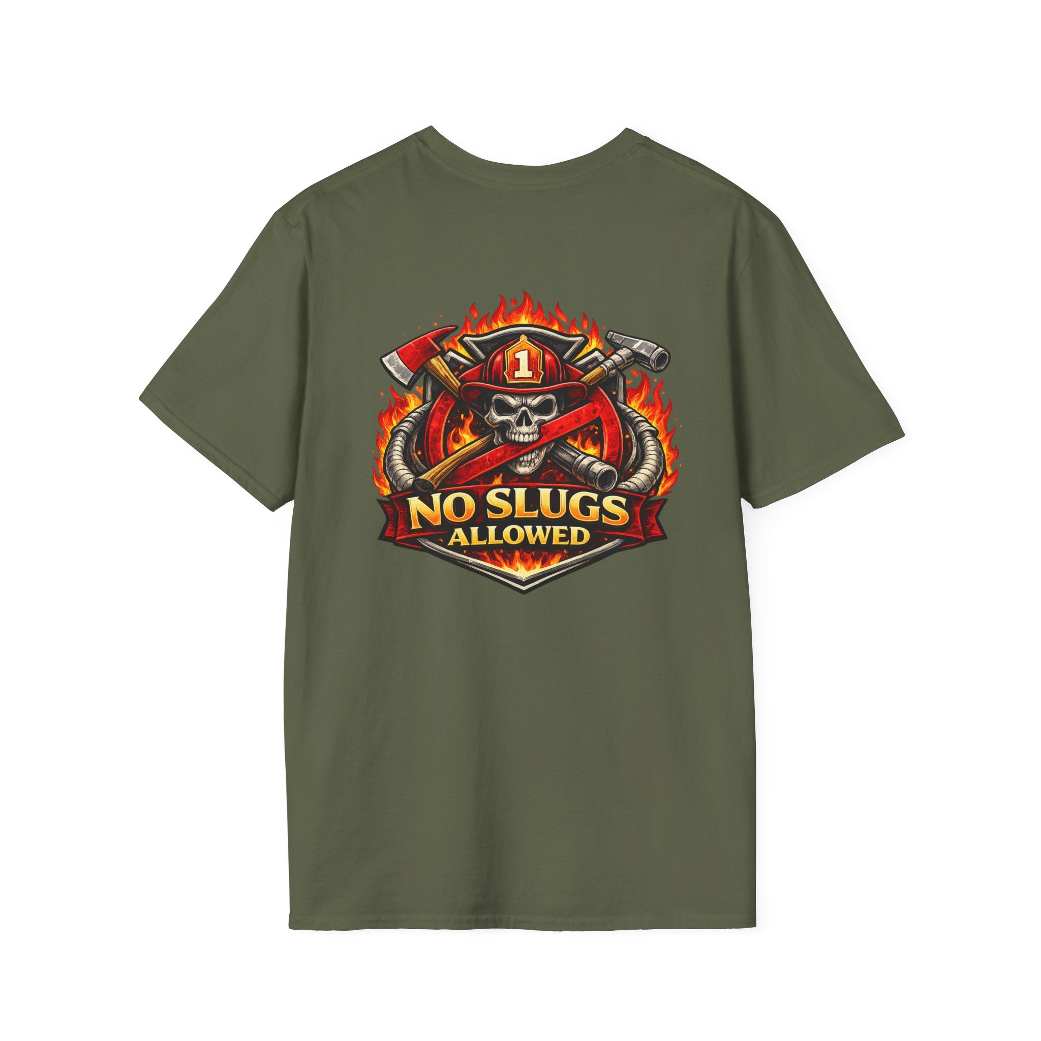 Firefighter Skull T-Shirt — "No Slugs Allowed" Graphic Tee