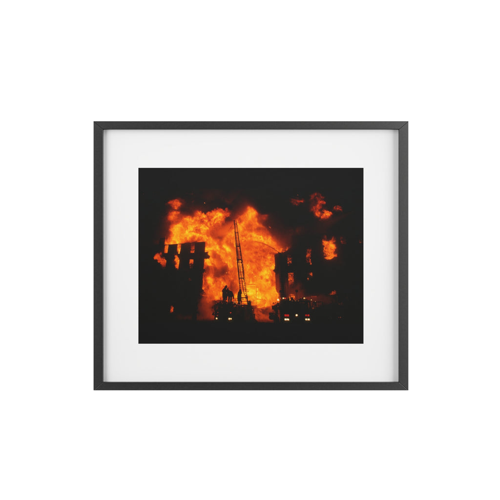 Firefighter Wall Art — Dramatic Building Fire Framed Poster (Matte)