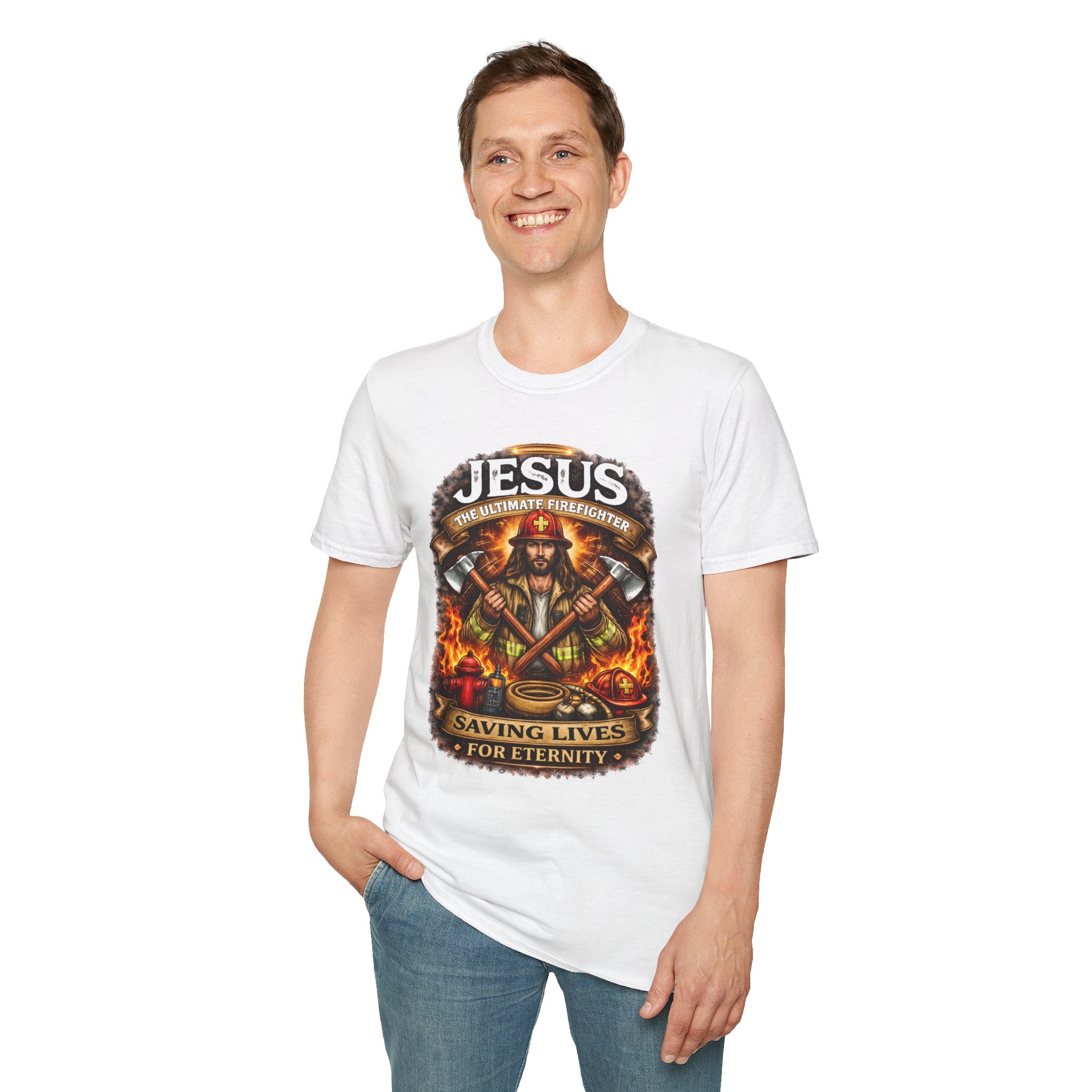 Jesus Firefighter Faith T-Shirt — "Saving Lives for Eternity" Christian Tee
