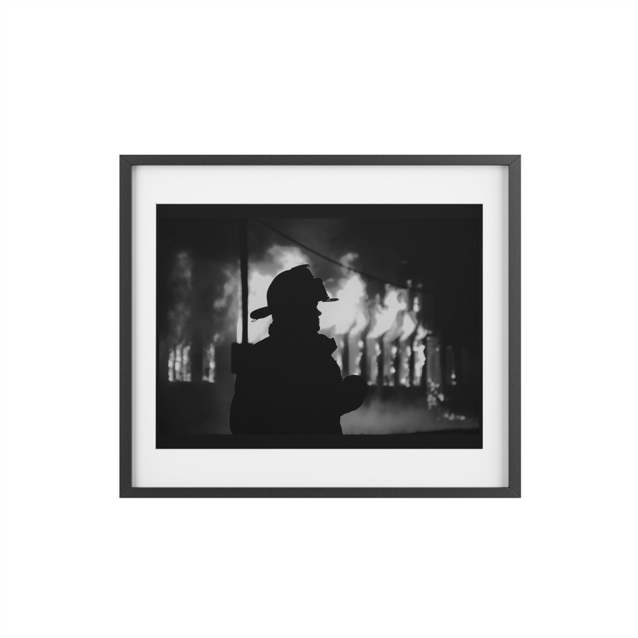Framed Poster — Silhouette Firefighter Black & White Print